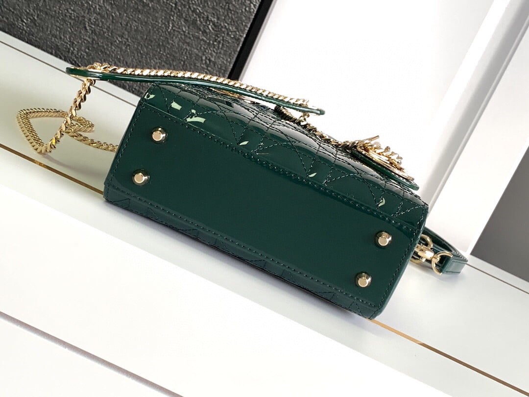 Dior Lady Dior Mini Chain Bag with Chain in Green Patent Calfskin