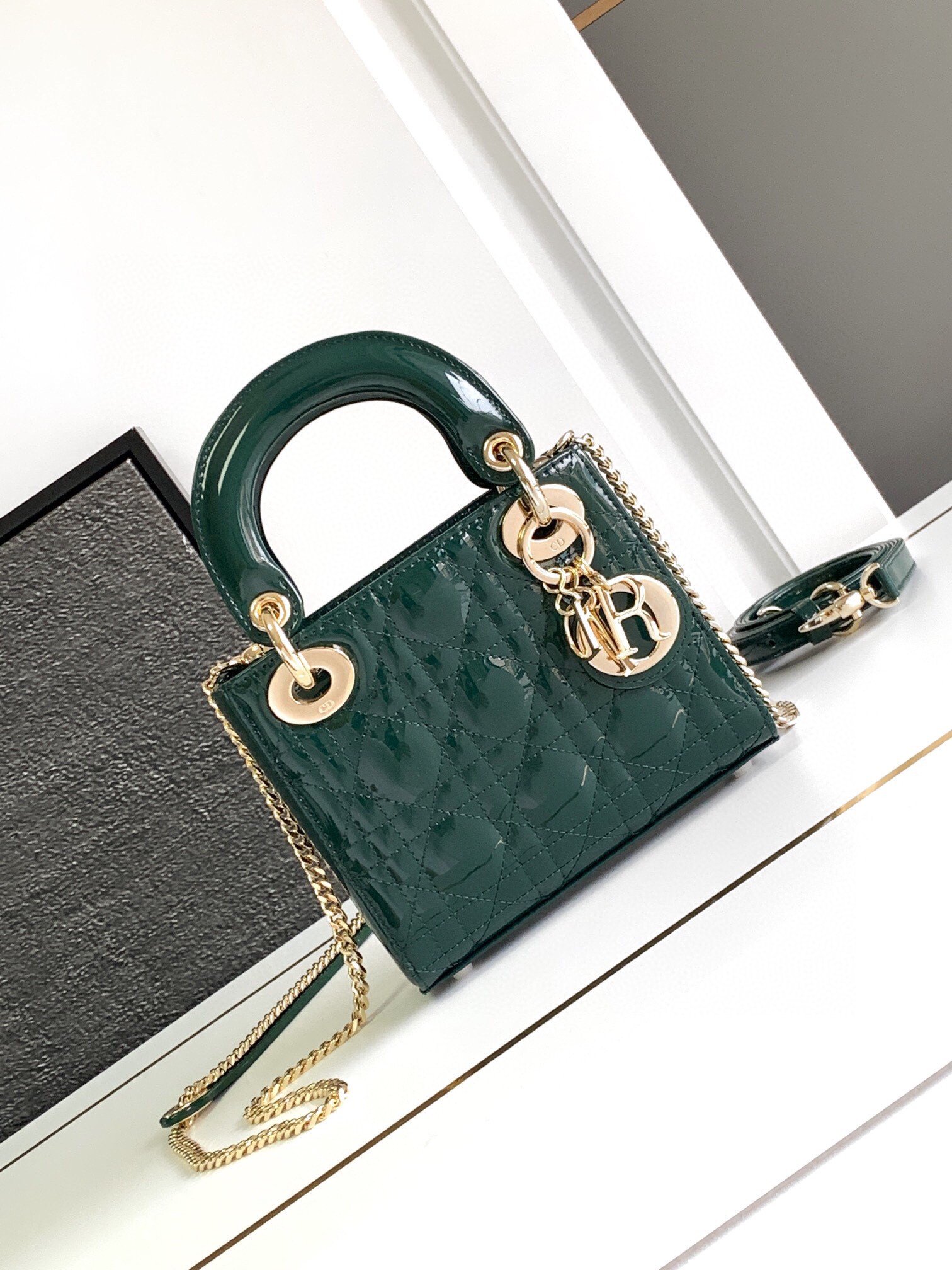 Dior Lady Dior Mini Chain Bag with Chain in Green Patent Calfskin