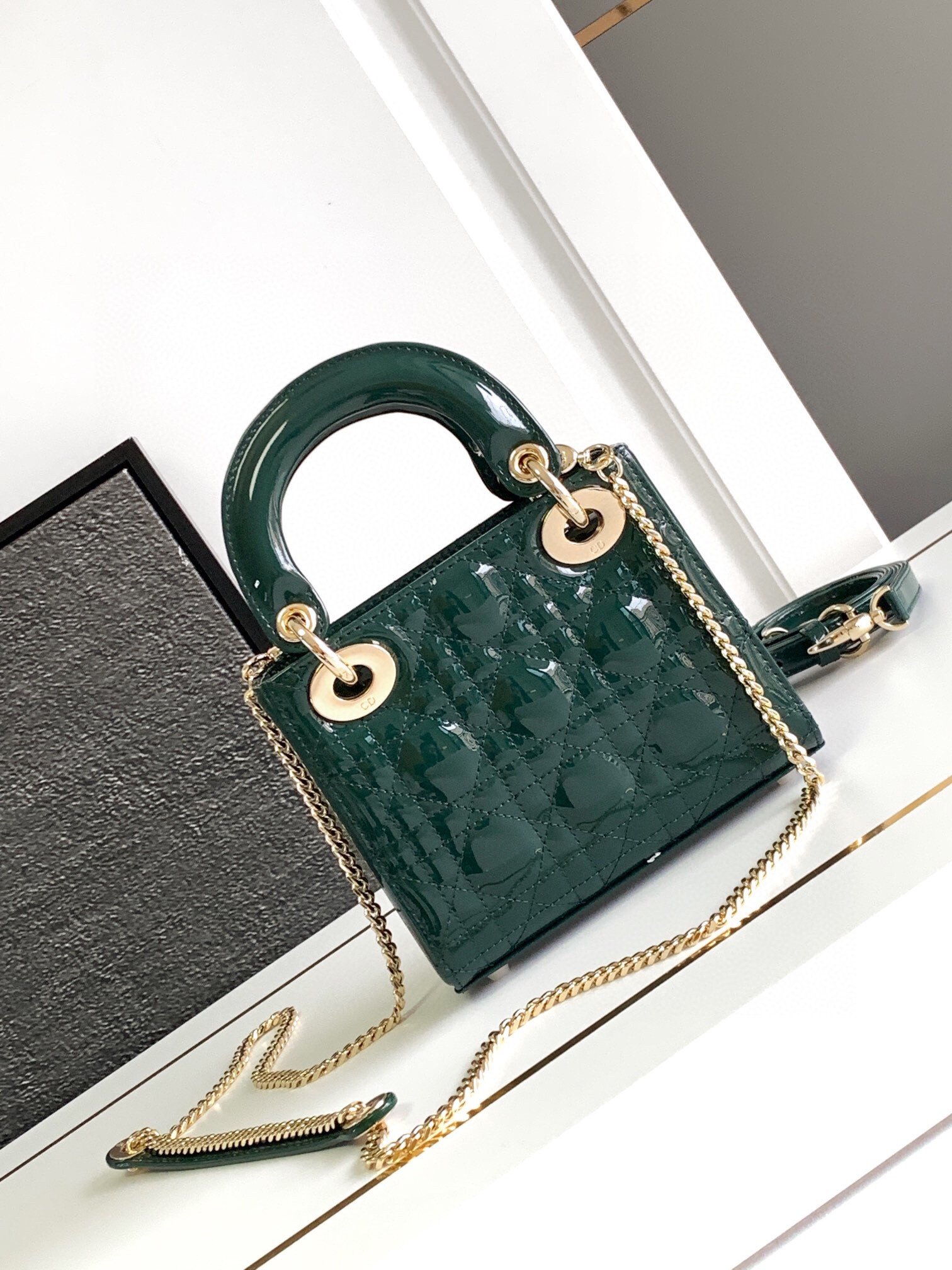 Dior Lady Dior Mini Chain Bag with Chain in Green Patent Calfskin