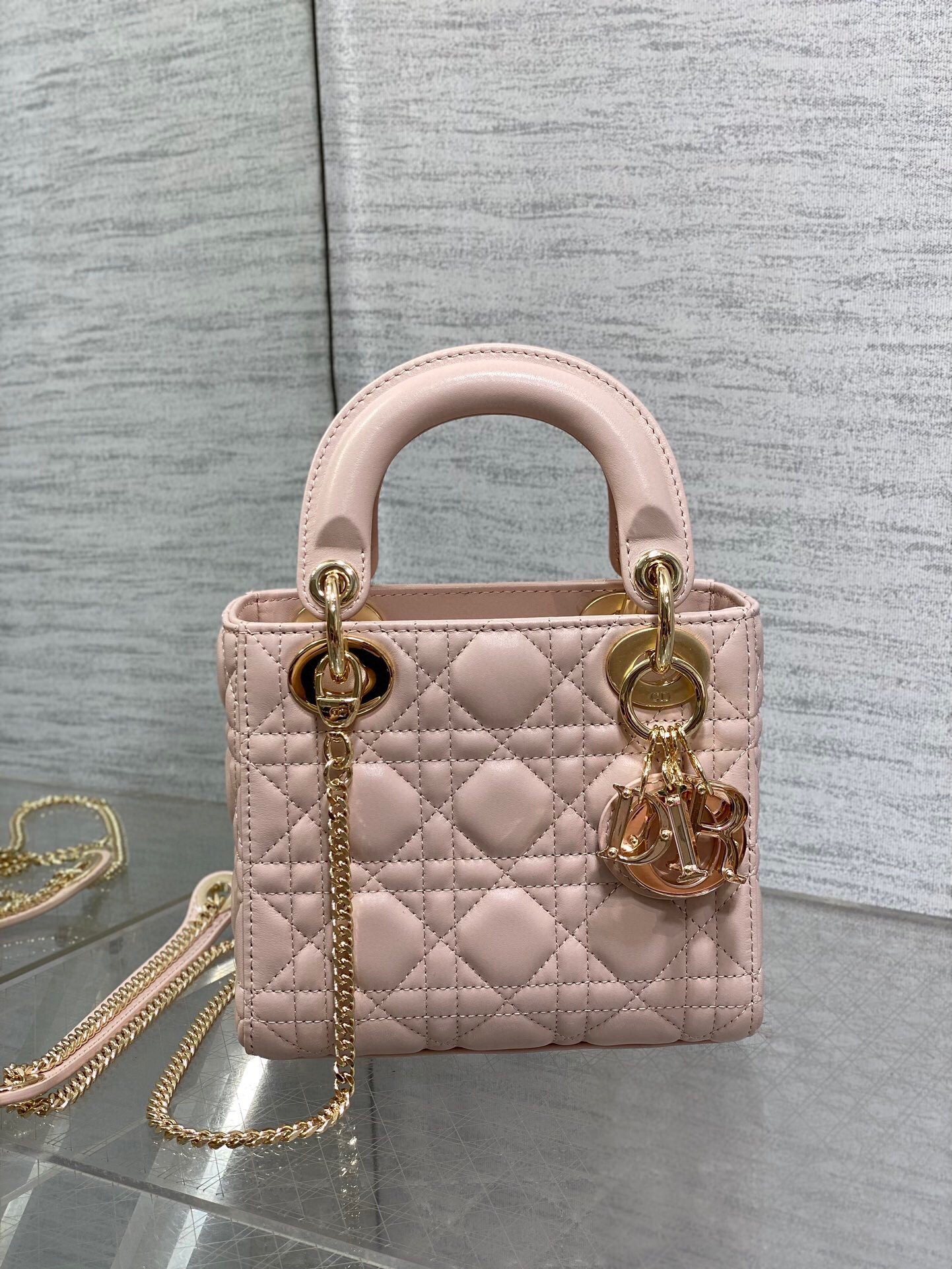 Dior Lady Dior Mini Bag with Chain in Pink Lambskin with Resin Charms