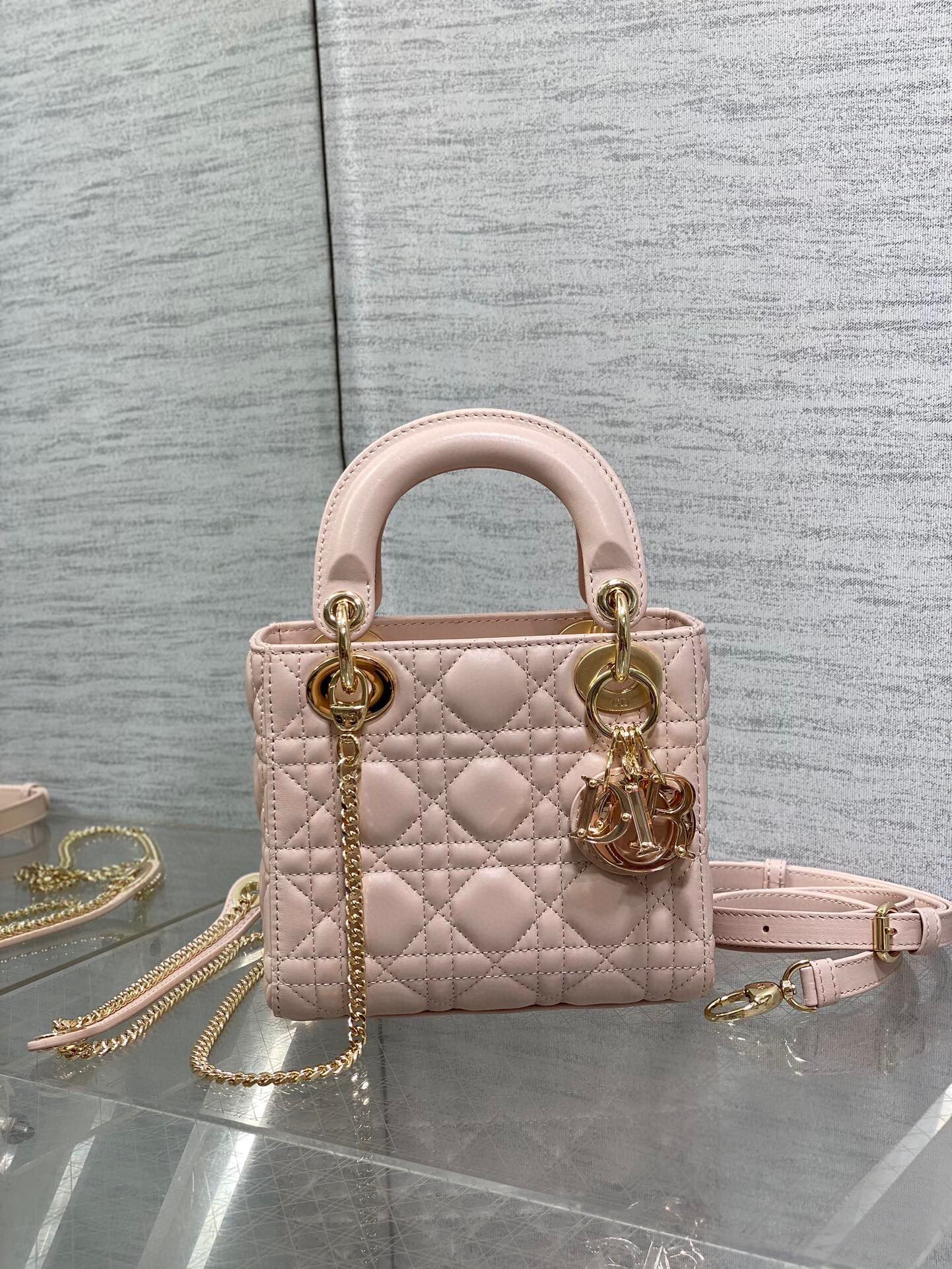 Dior Lady Dior Mini Bag with Chain in Pink Lambskin with Resin Charms