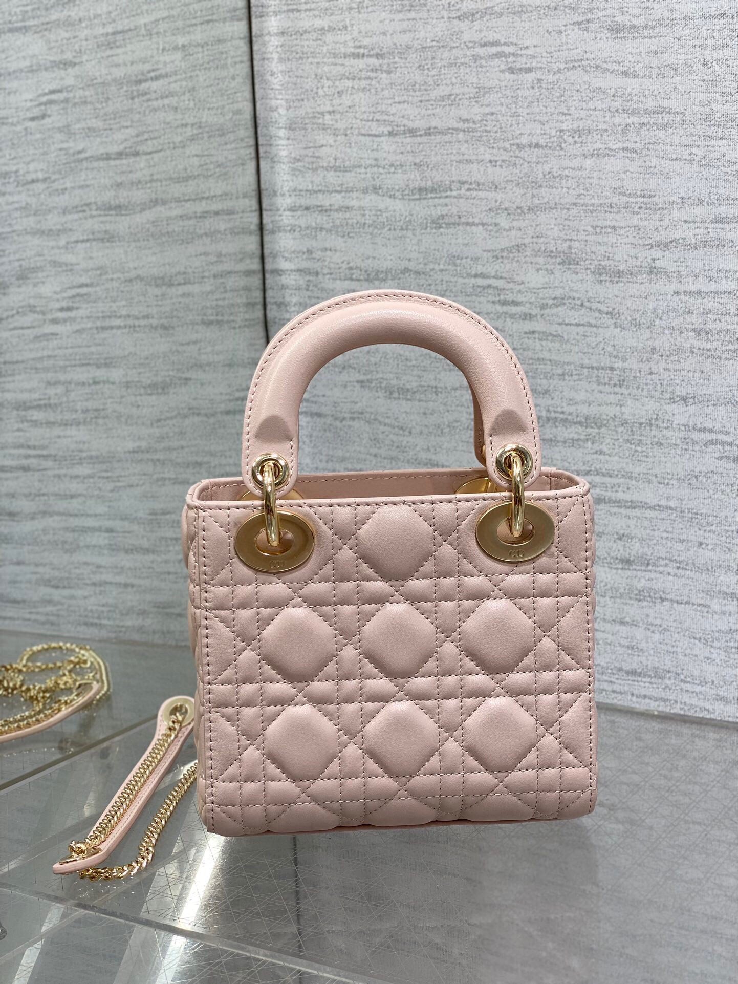 Dior Lady Dior Mini Bag with Chain in Pink Lambskin with Resin Charms