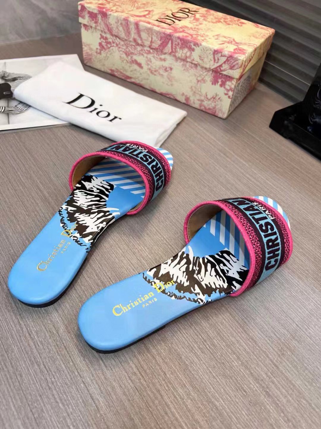 Dior Dway Slides In Blue Multicolor D-Jungle Pop Cotton