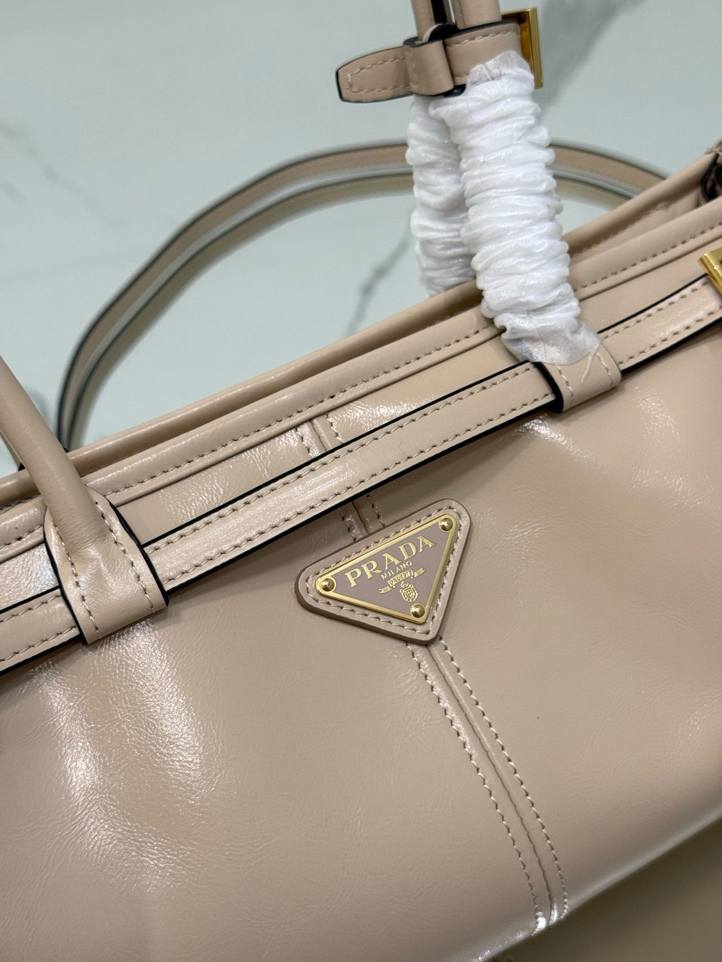 Prada Medium Tote Bag in Beige Soft Leather