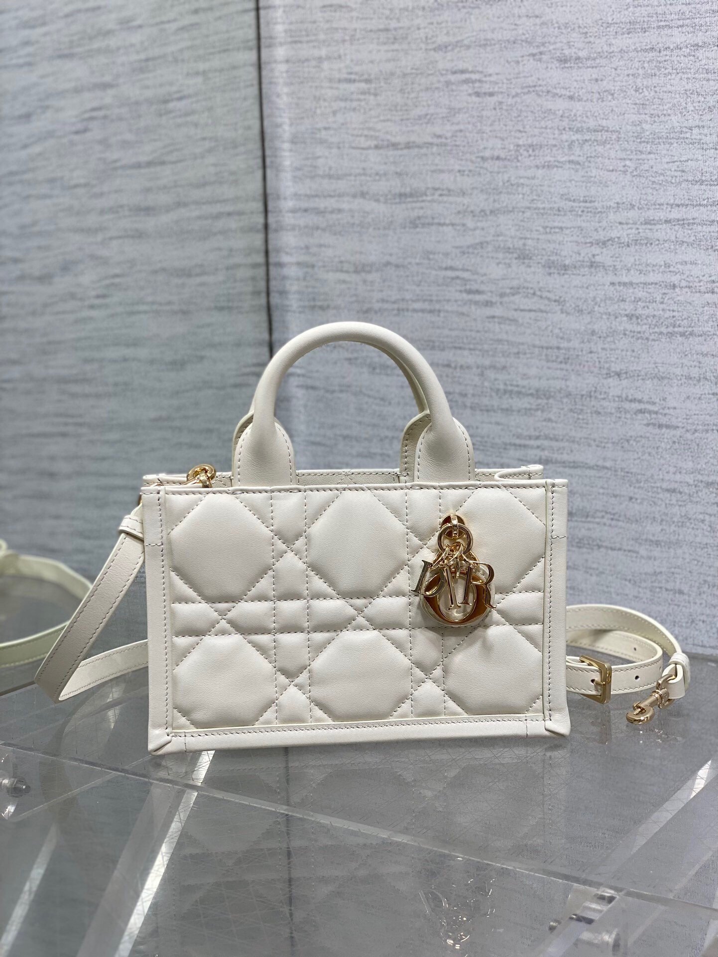 Dior Mini Book Tote Bag with Strap in White Macrocannage Calfskin