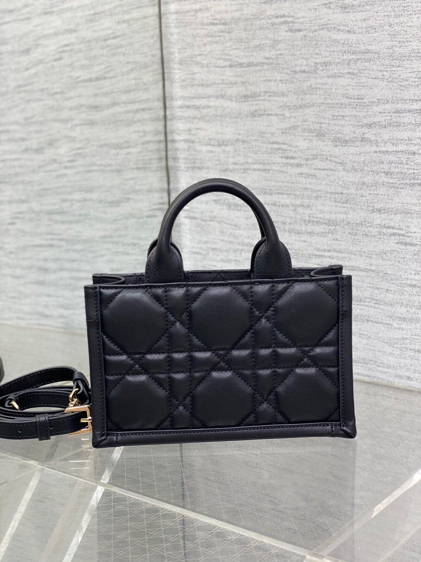 Dior Mini Book Tote Bag with Strap in Black Macrocannage Calfskin