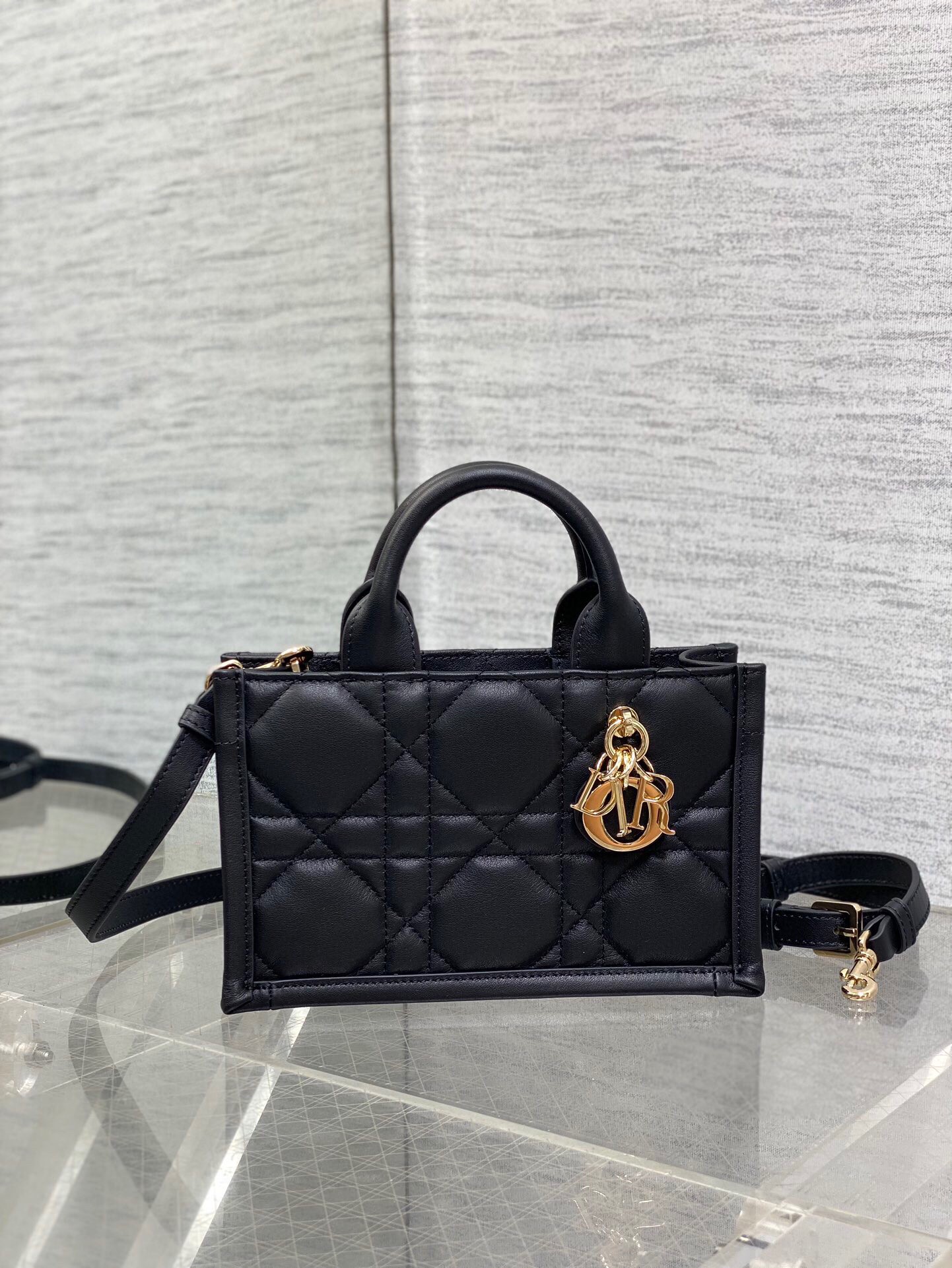 Dior Mini Book Tote Bag with Strap in Black Macrocannage Calfskin