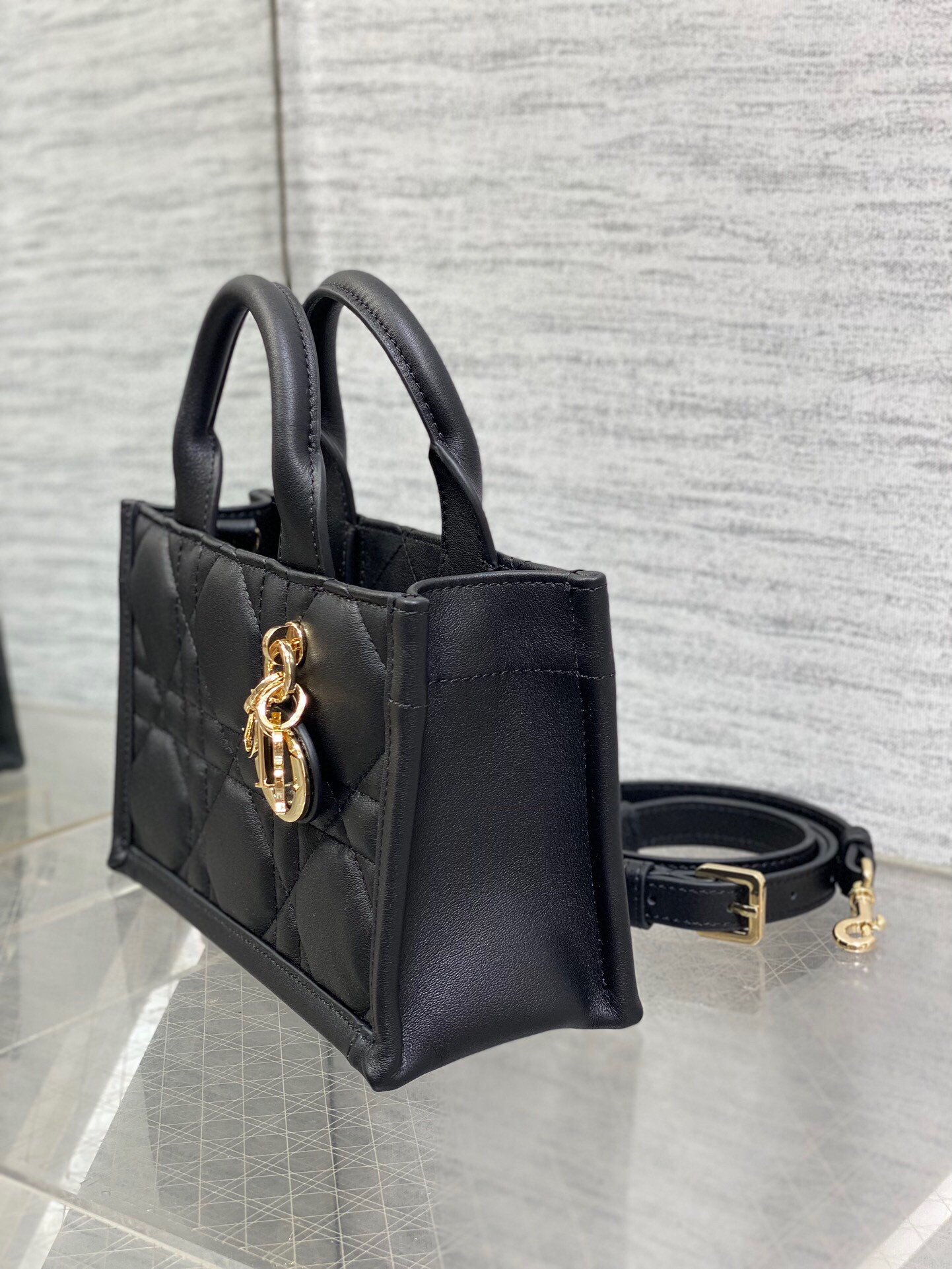 Dior Mini Book Tote Bag with Strap in Black Macrocannage Calfskin