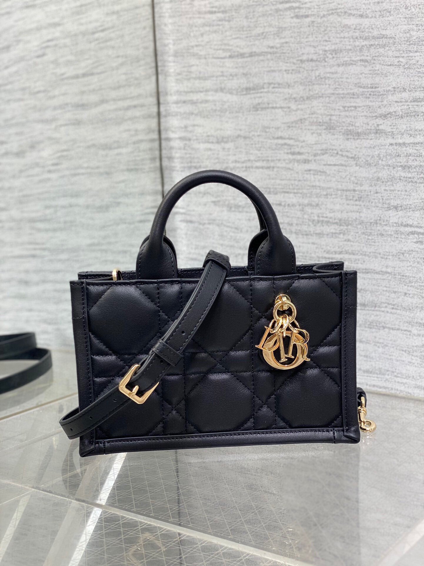 Dior Mini Book Tote Bag with Strap in Black Macrocannage Calfskin