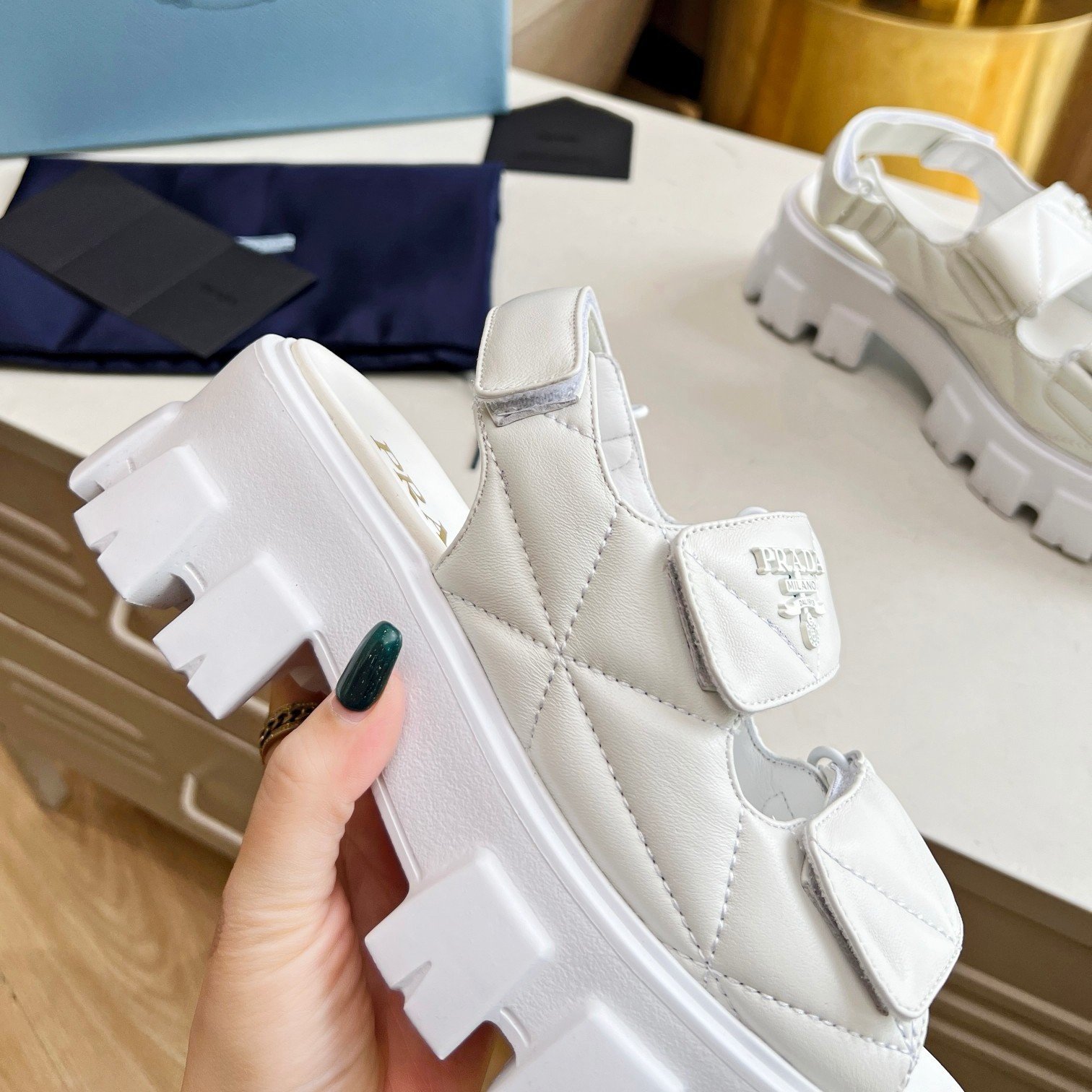 Prada Monolith Flatform Sandals in White Nappa Leather