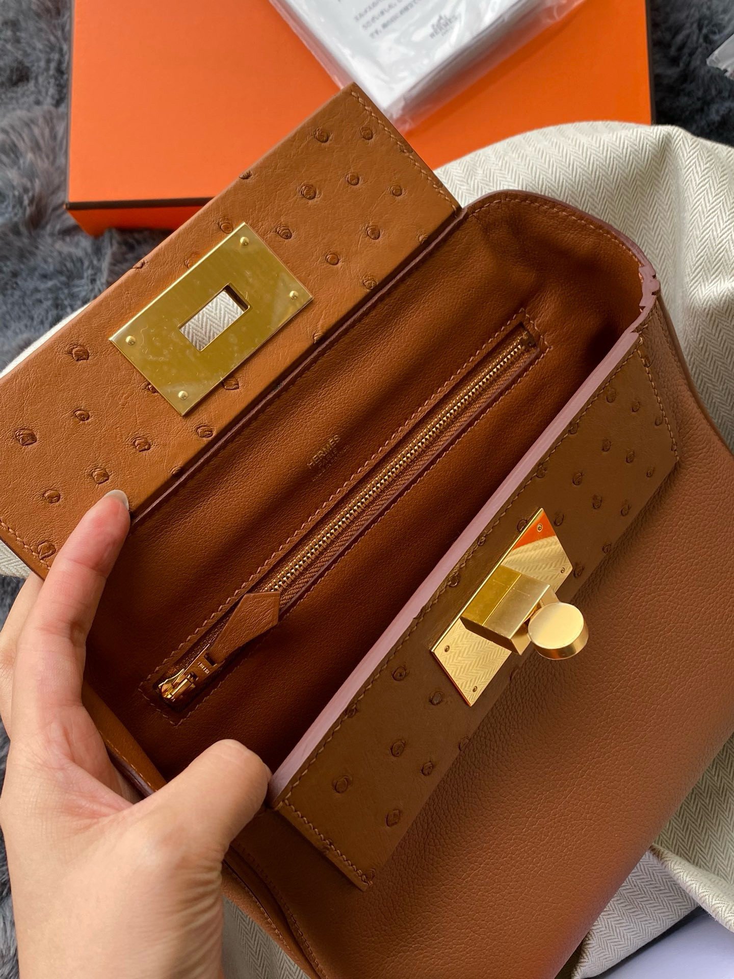 Hermes 24/24 Mini 21 Touch Bag in Gold Evercolor and Ostrich Leather