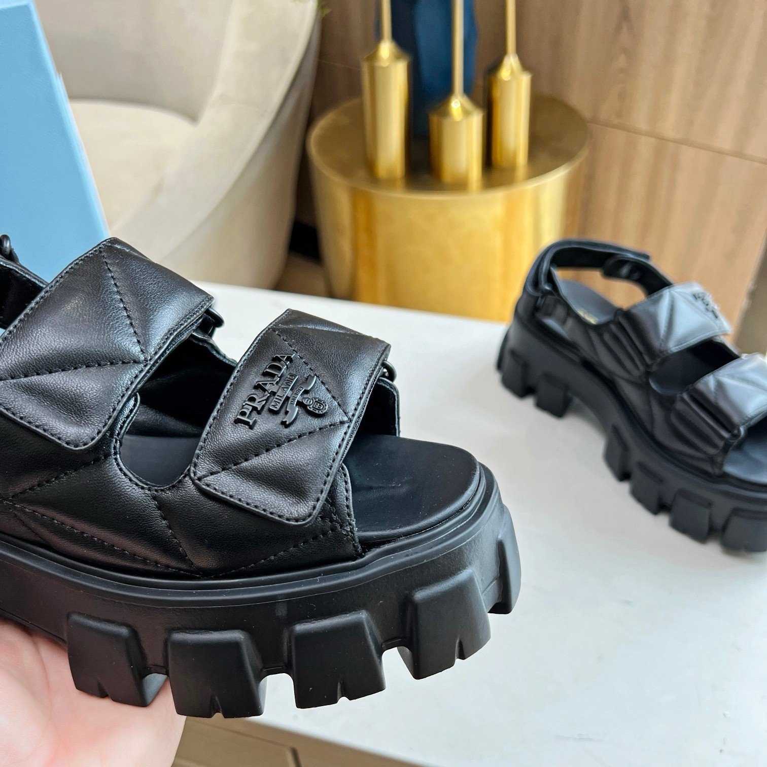 Prada Monolith Flatform Sandals in Black Nappa Leather