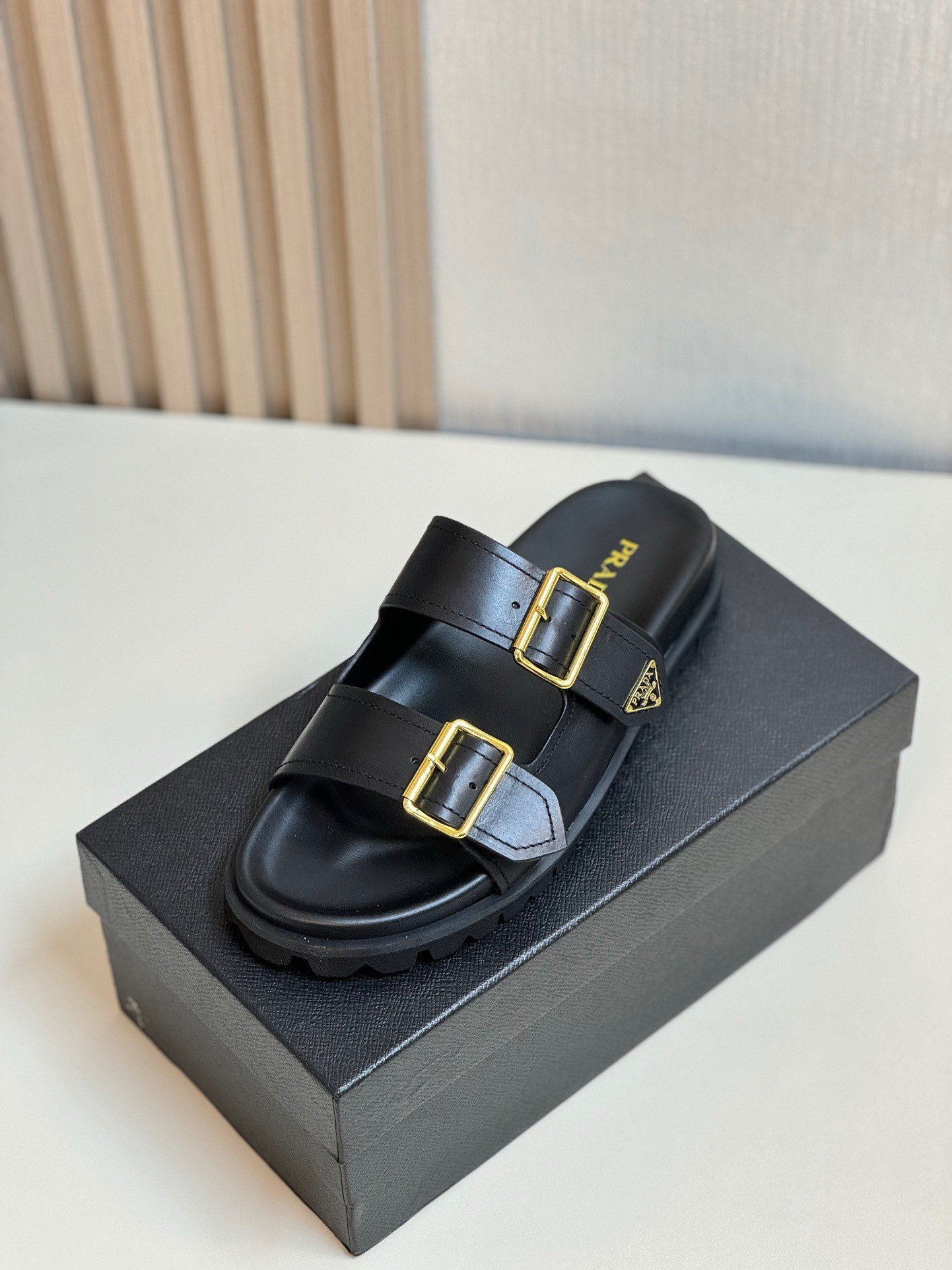 Prada Women's Strap Slides Sandals in Black Leather