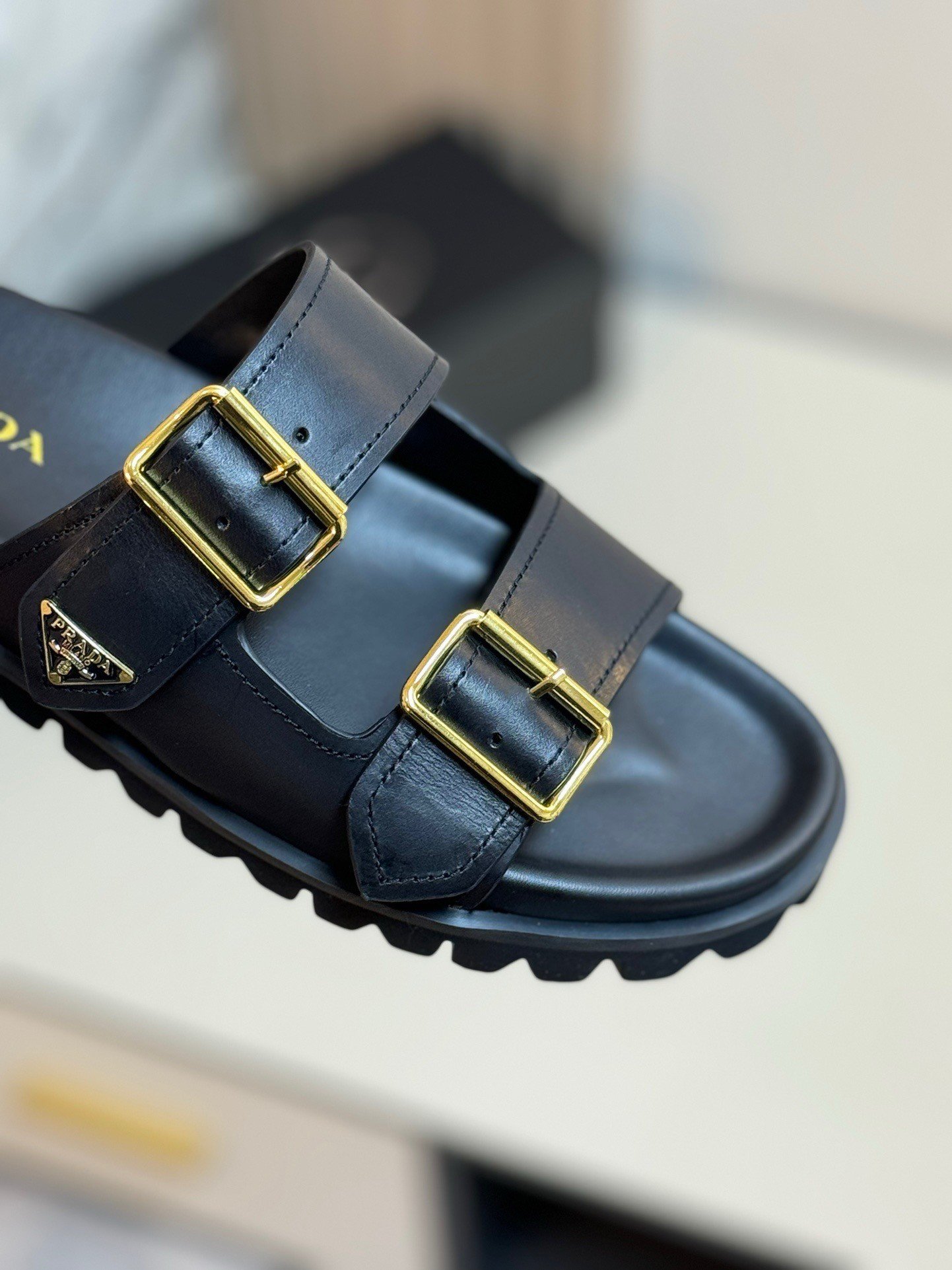 Prada Women's Strap Slides Sandals in Black Leather