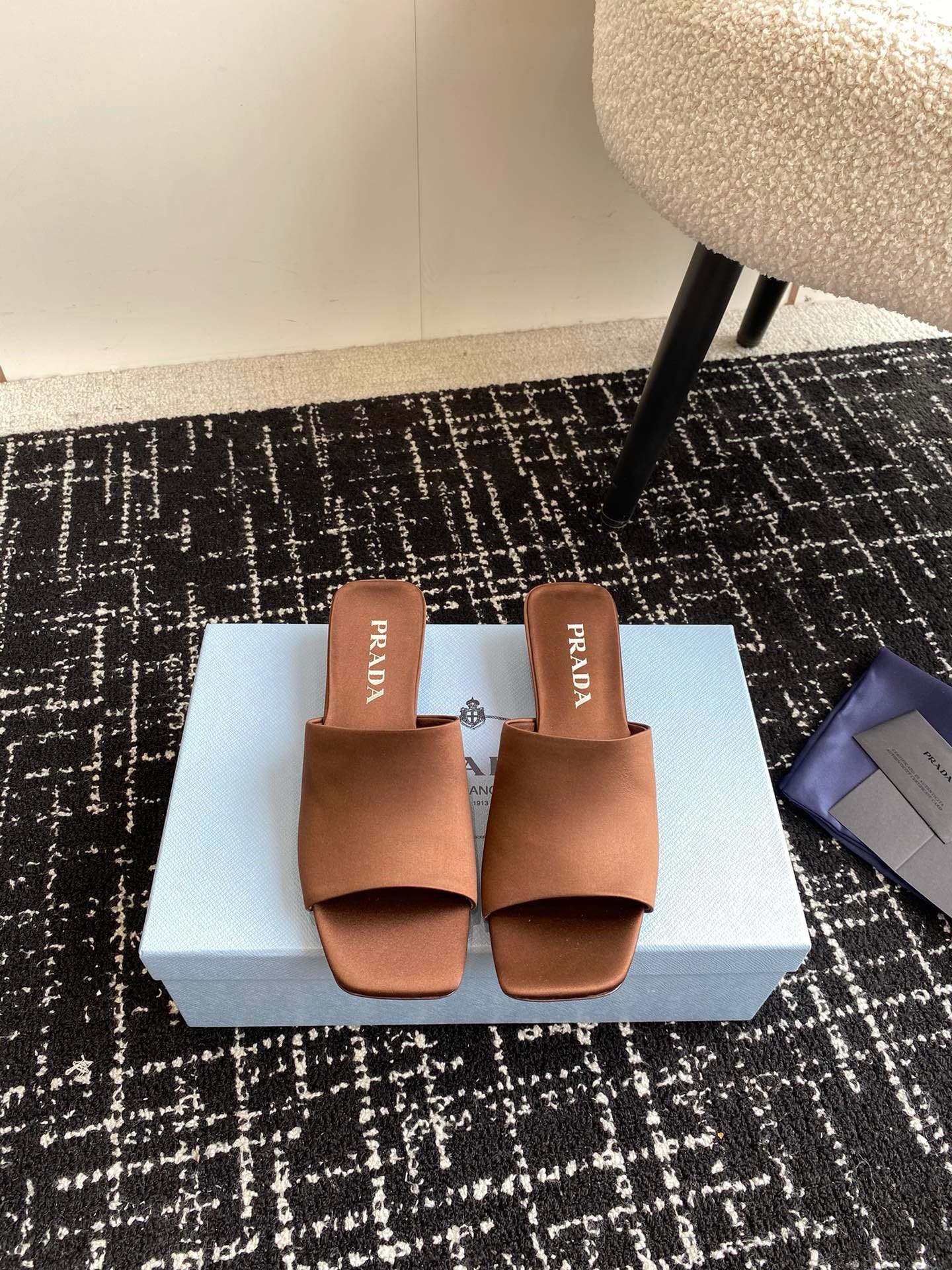 Prada Heeled Slides 35mm in Tobacco Satin