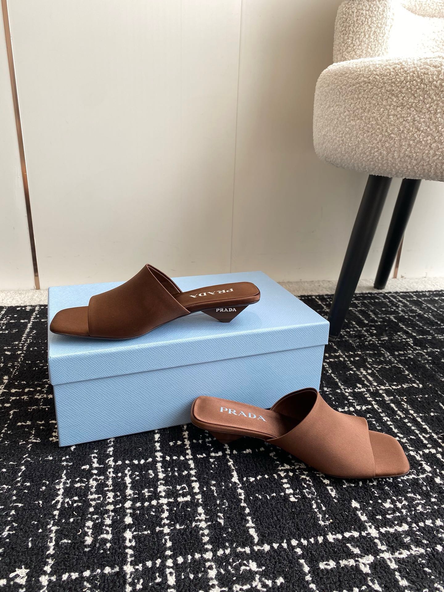 Prada Heeled Slides 35mm in Tobacco Satin