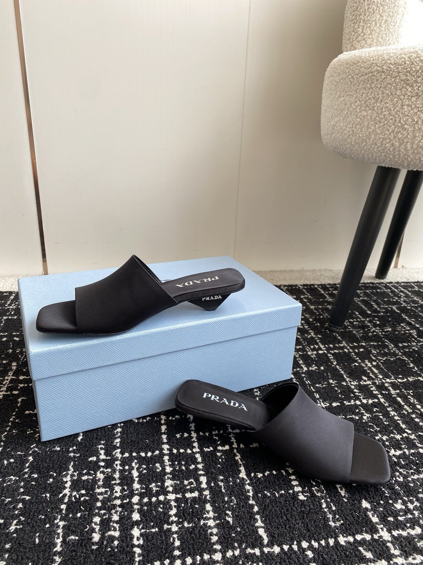 Prada Heeled Slides 35mm in Black Satin