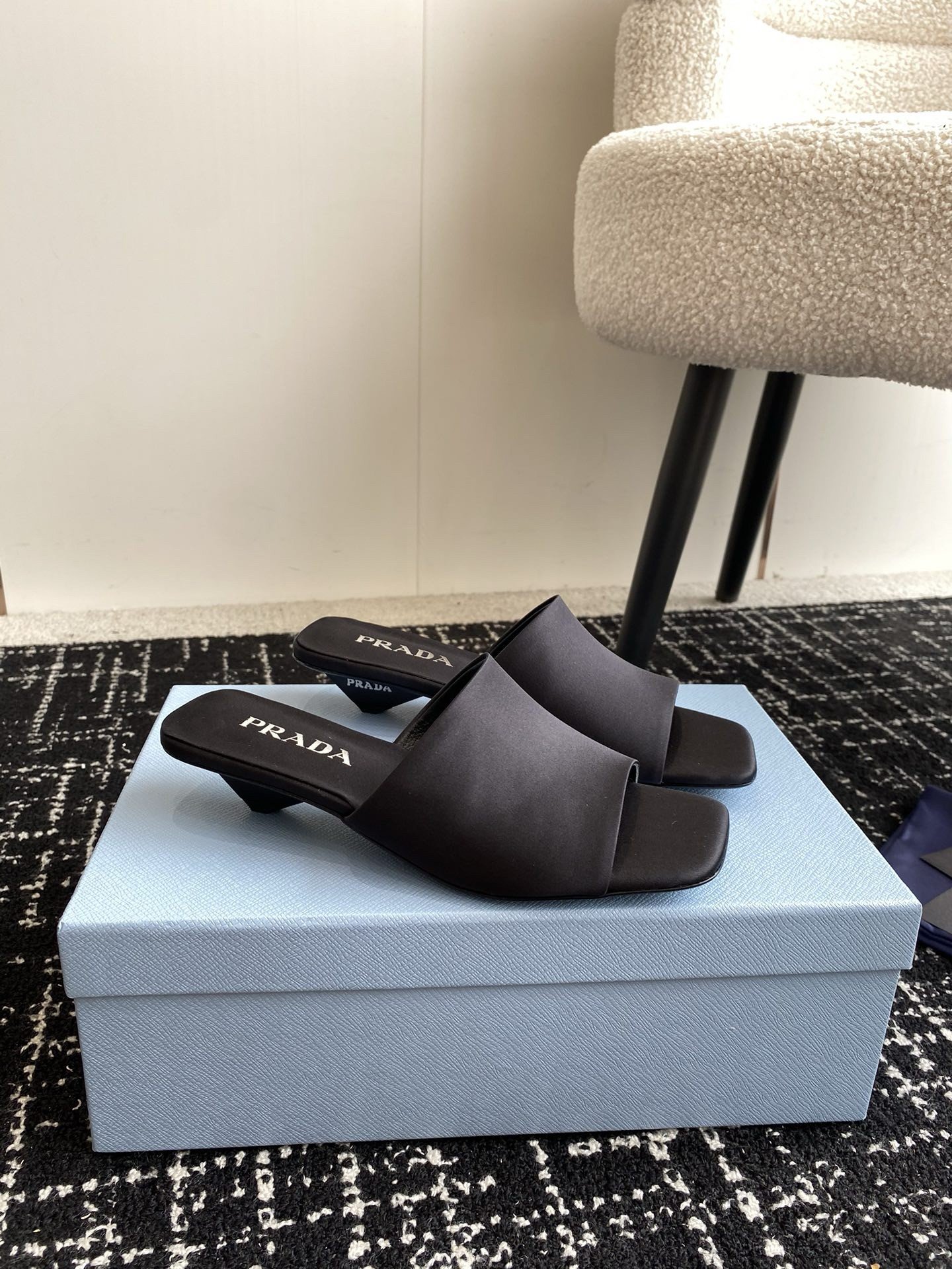 Prada Heeled Slides 35mm in Black Satin