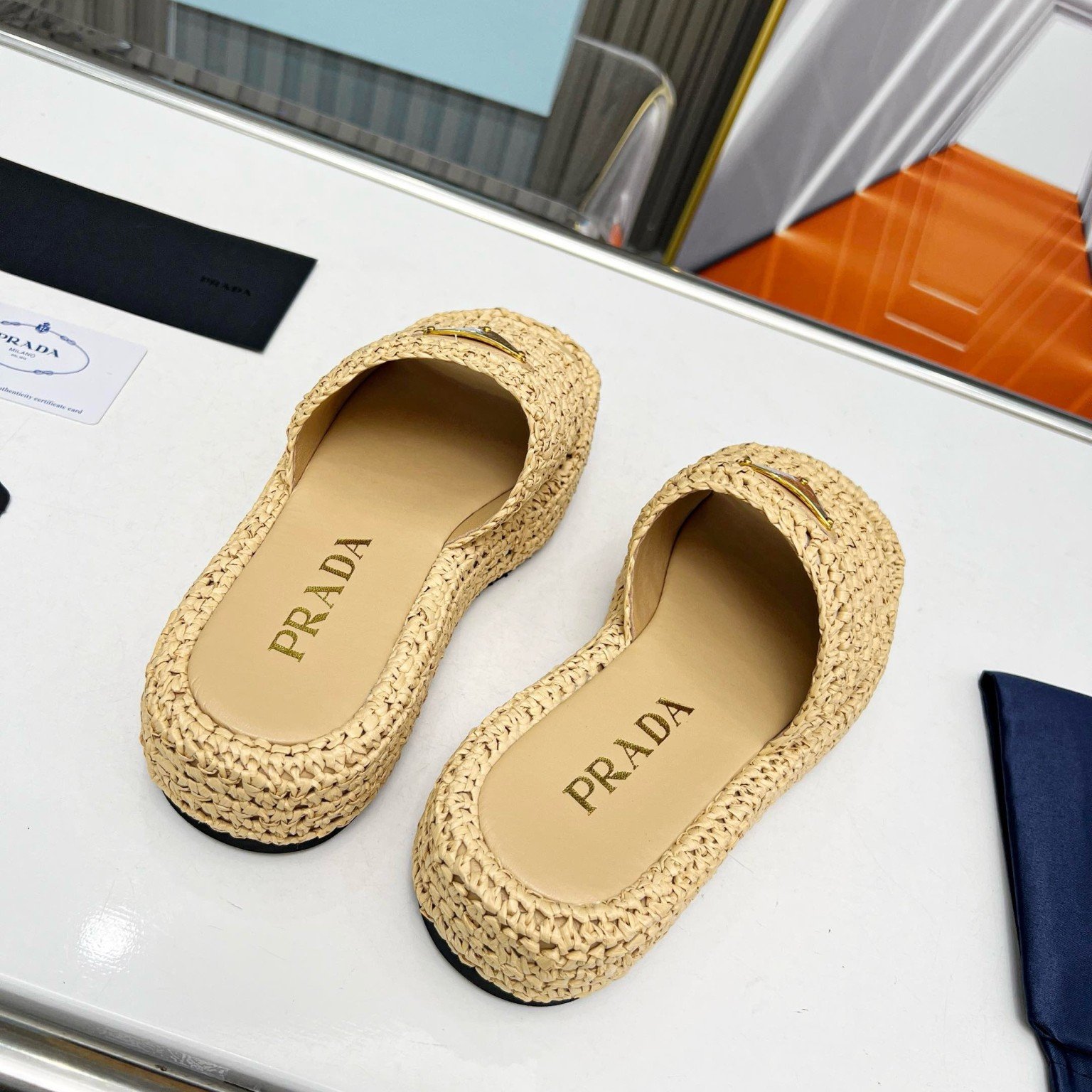 Prada Crochet Flatform Slides in Beige Raffia-effect Yarn