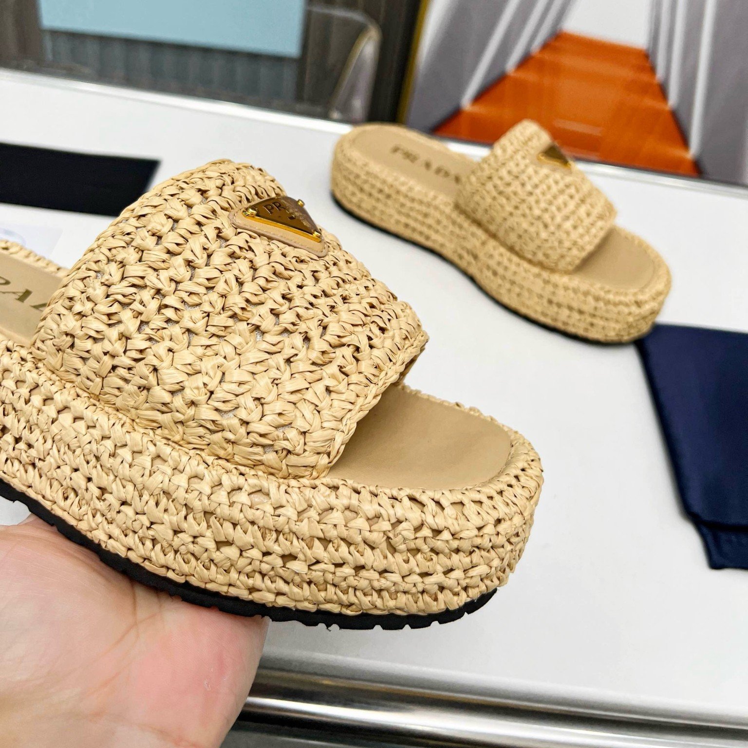 Prada Crochet Flatform Slides in Beige Raffia-effect Yarn