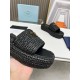 Prada Crochet Flatform Slides in Black Raffia-effect Yarn