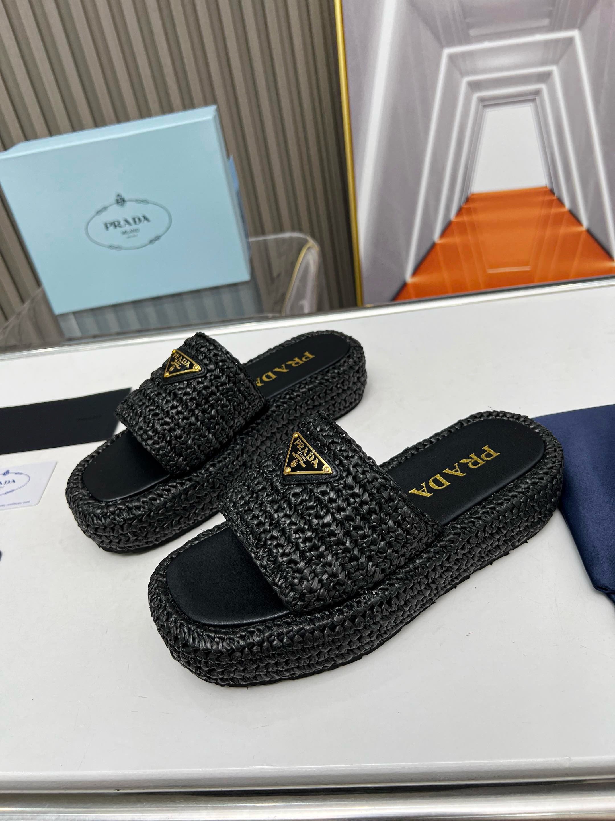 Prada Crochet Flatform Slides in Black Raffia-effect Yarn