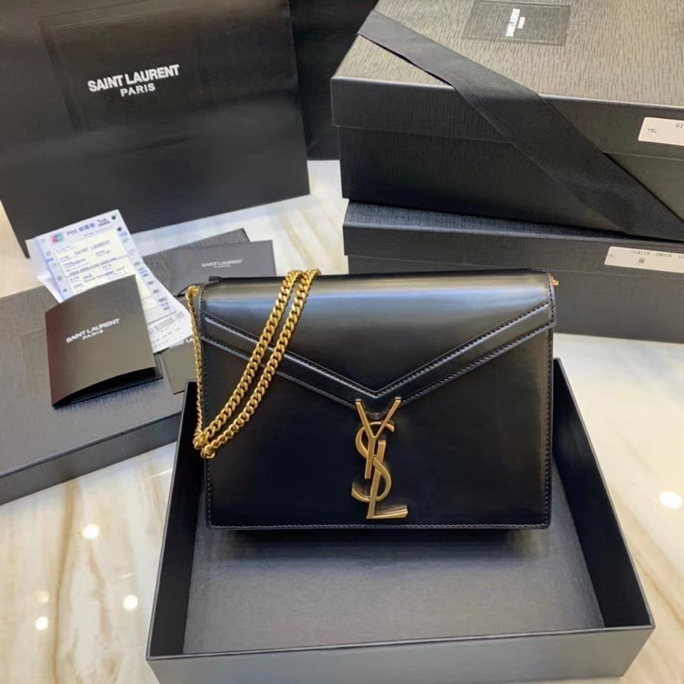 Saint Laurent Cassandra Medium Chain Bag In Black Calfskin