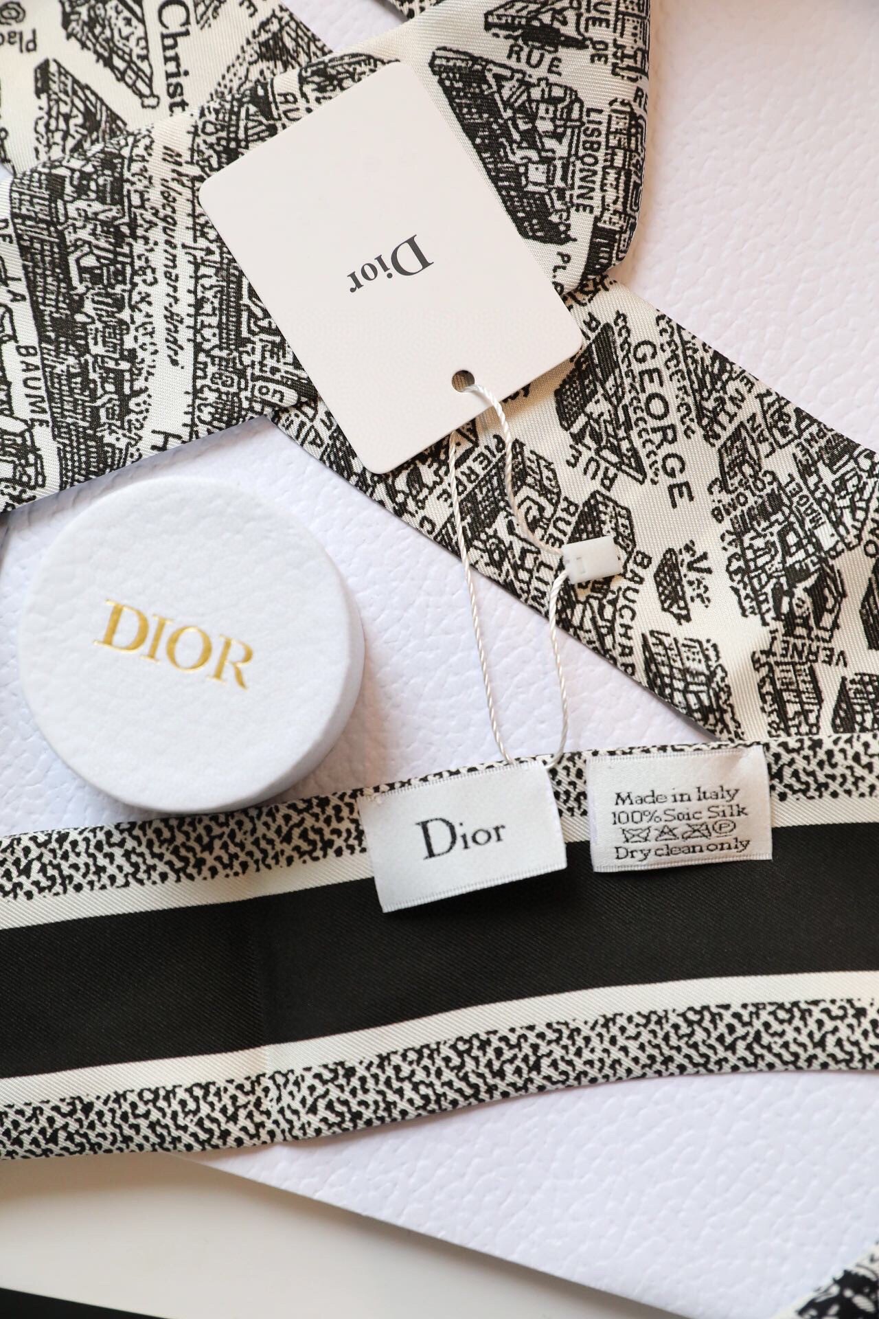 Dior Plan de Paris Mitzah Scarf in White and Black Silk Twill