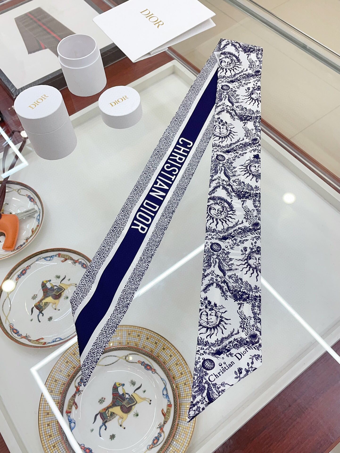 Dior Toile de Jouy Soleil Mitzah Scarf in Blue Silk Twill