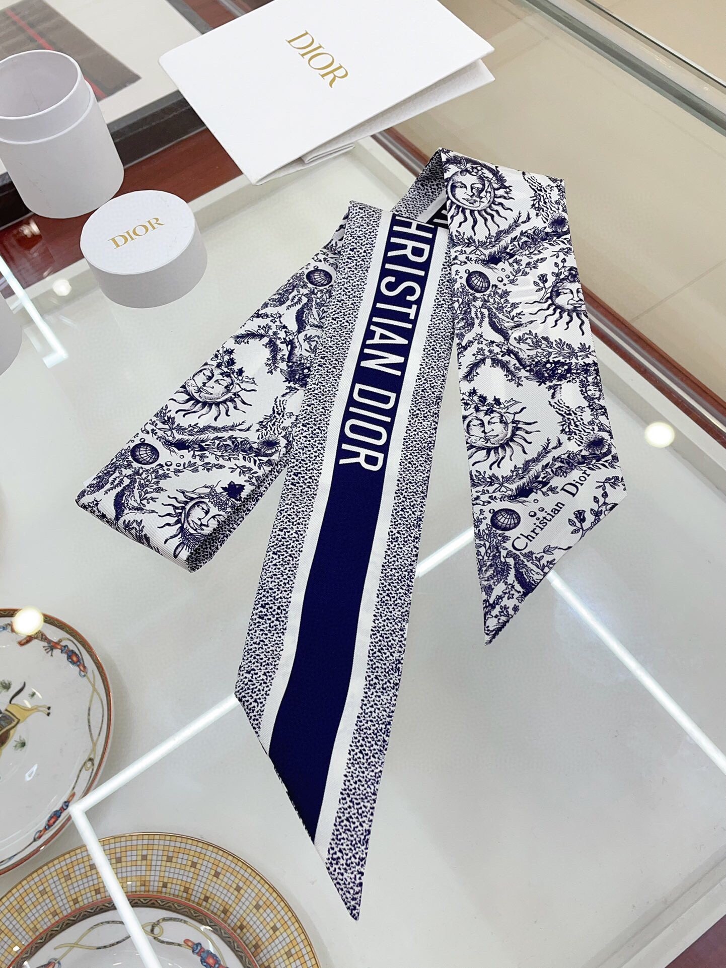 Dior Toile de Jouy Soleil Mitzah Scarf in Blue Silk Twill