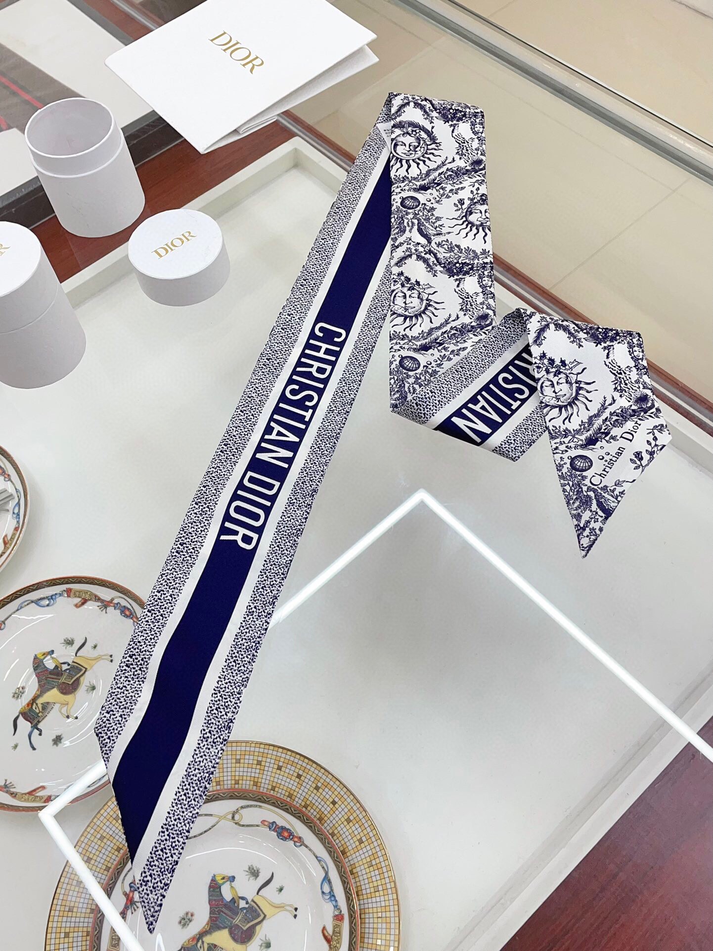 Dior Toile de Jouy Soleil Mitzah Scarf in Blue Silk Twill