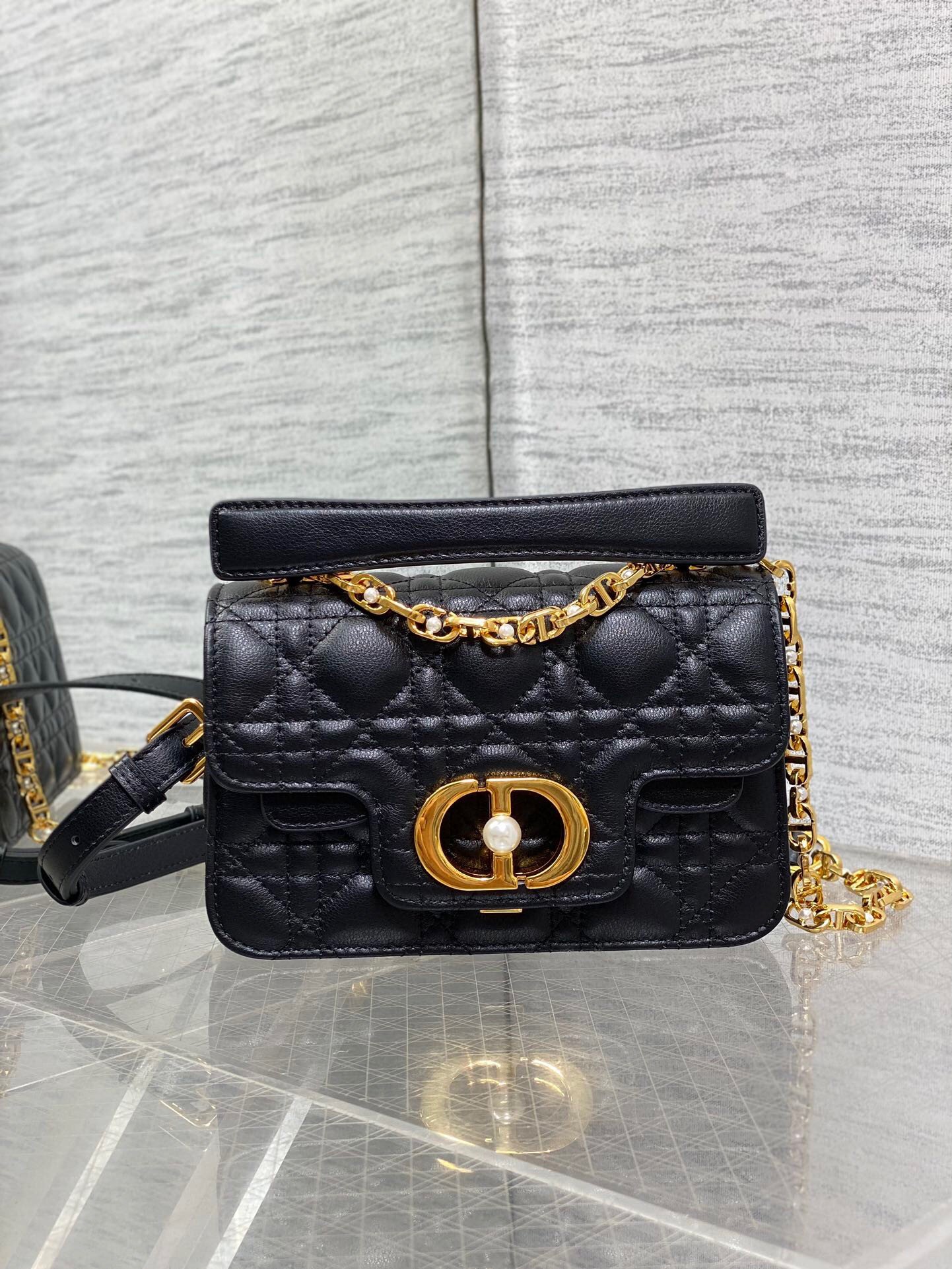 Dior Mini Jolie Top Handle Bag in Black Cannage Calfskin