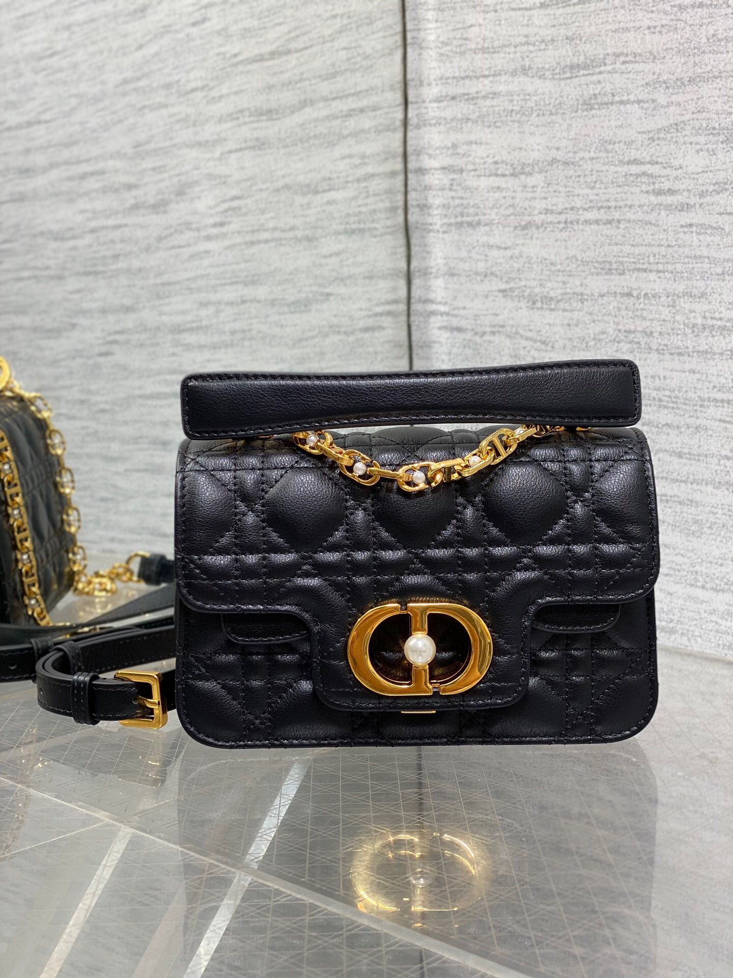 Dior Mini Jolie Top Handle Bag in Black Cannage Calfskin