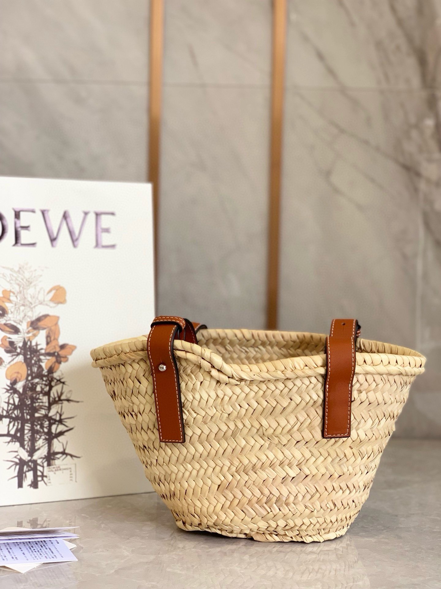 Loewe Small Basket Bag in Raffia and Brown Calfskin