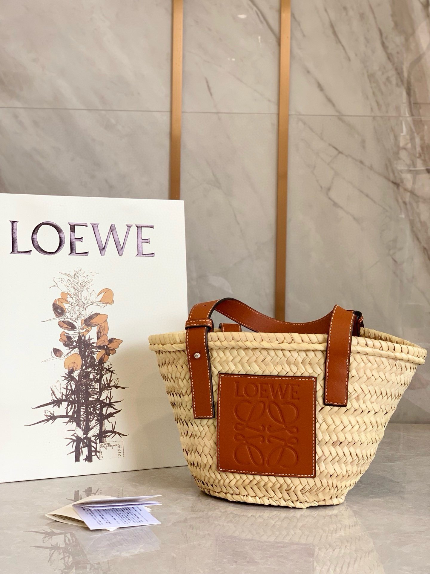 Loewe Small Basket Bag in Raffia and Brown Calfskin