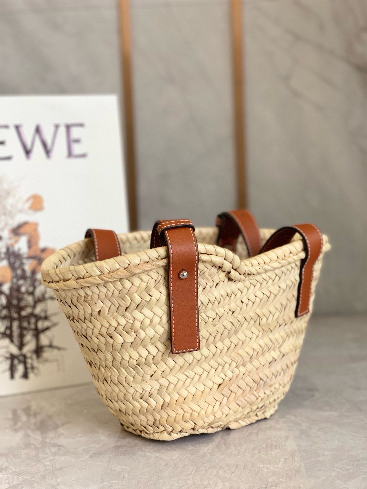 Loewe Small Basket Bag in Raffia and Brown Calfskin