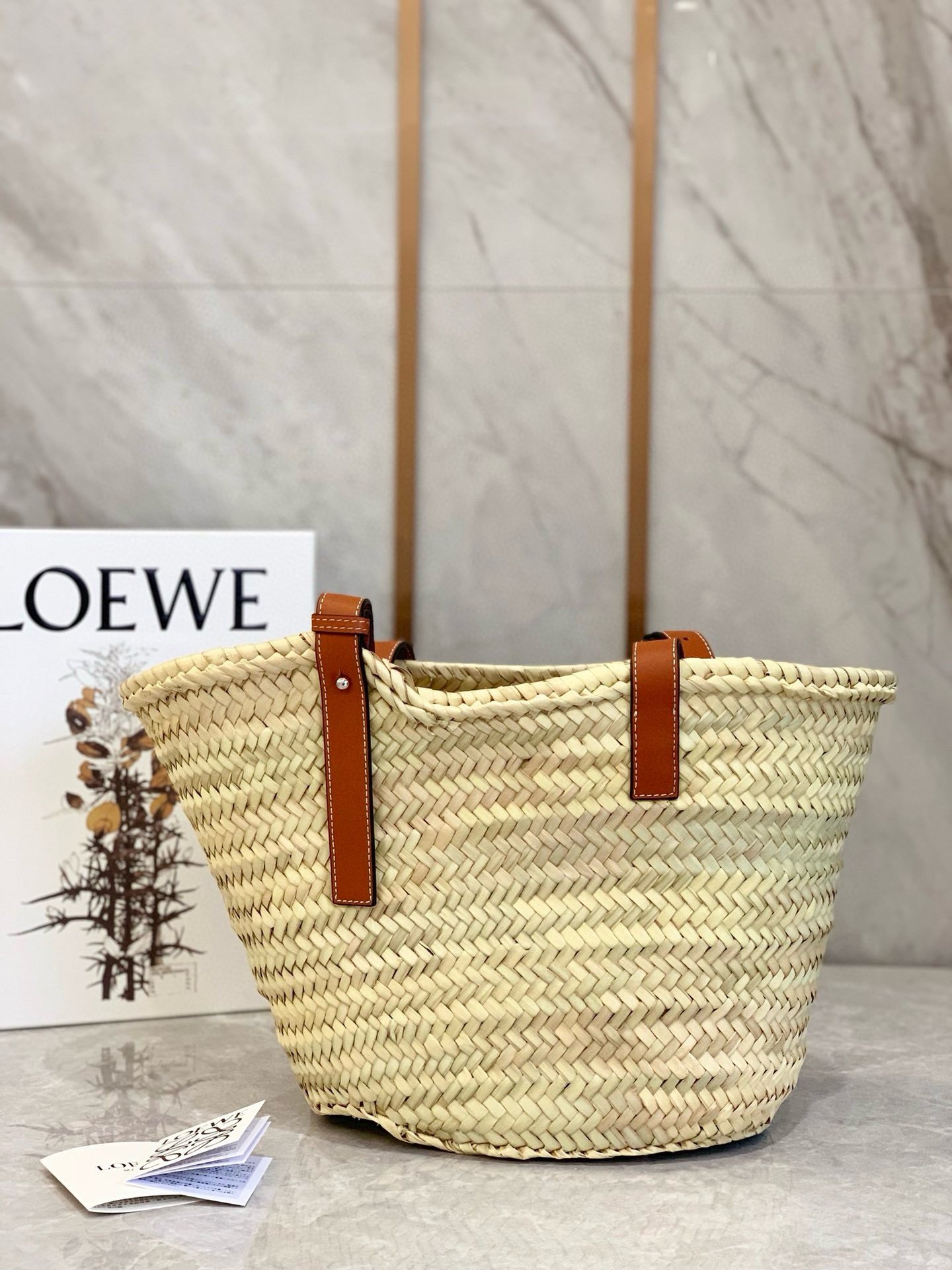 Loewe Medium Basket Bag in Raffia and Brown Calfskin