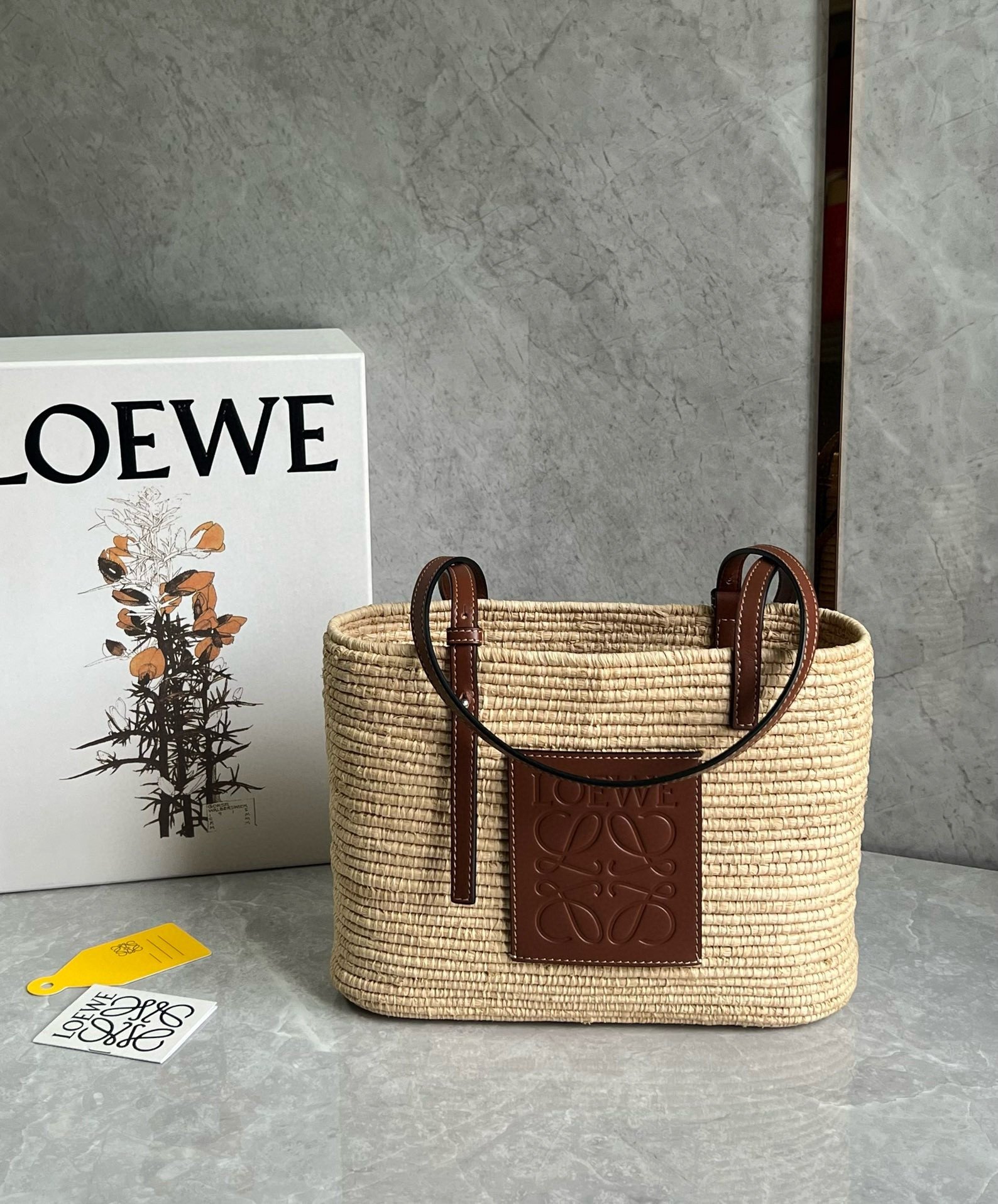 Loewe Small Square Basket Bag in Raffia and Brown Calfskin