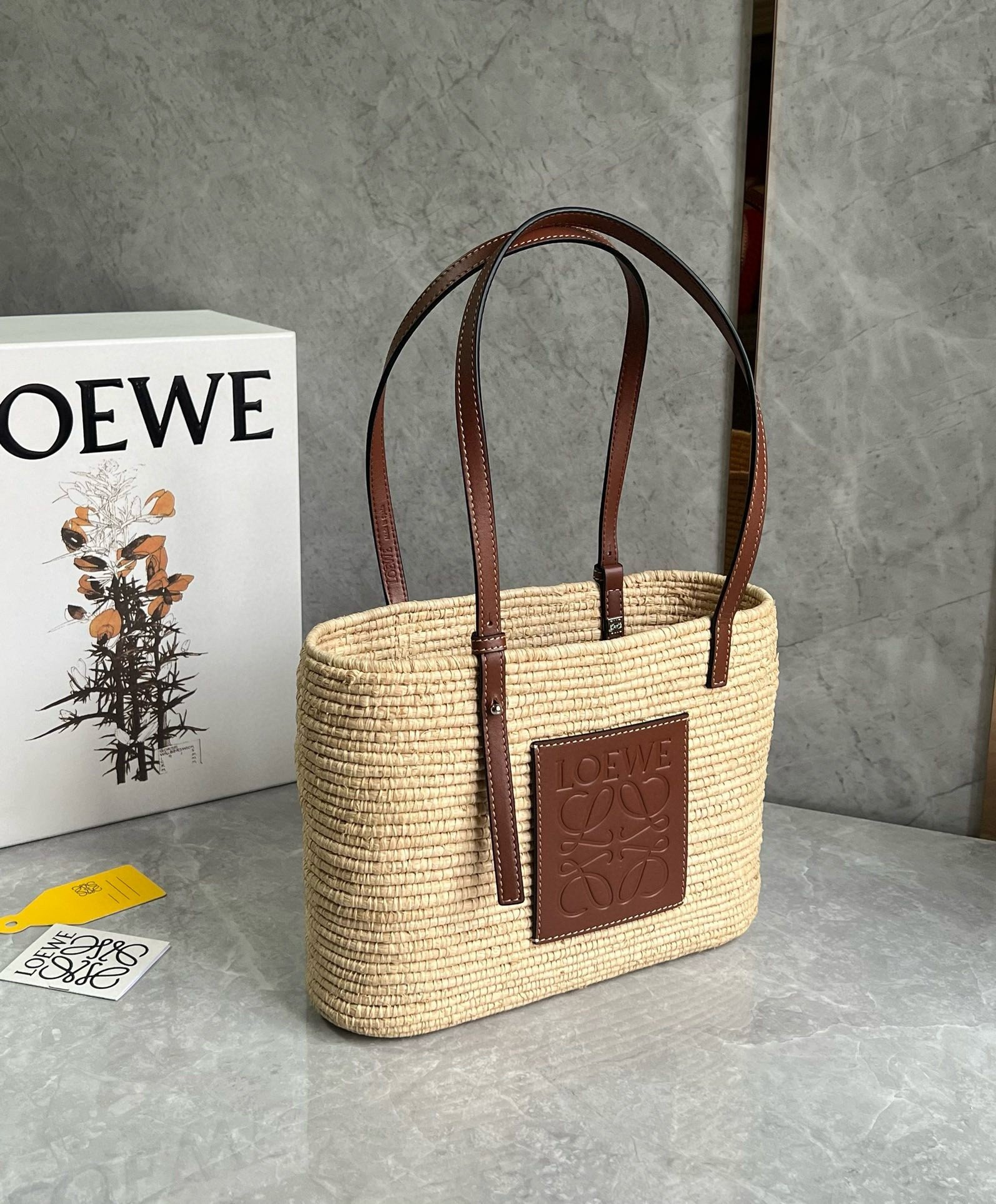 Loewe Small Square Basket Bag in Raffia and Brown Calfskin