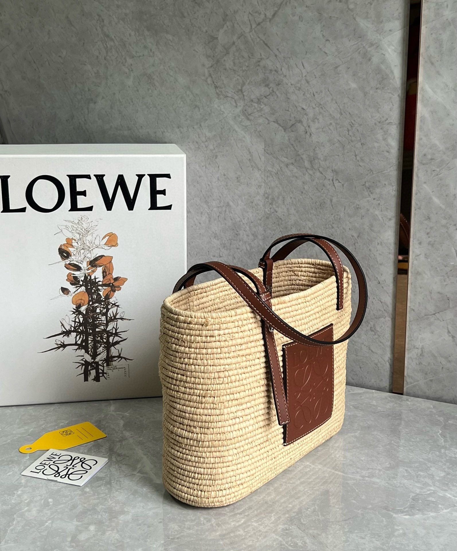 Loewe Small Square Basket Bag in Raffia and Brown Calfskin