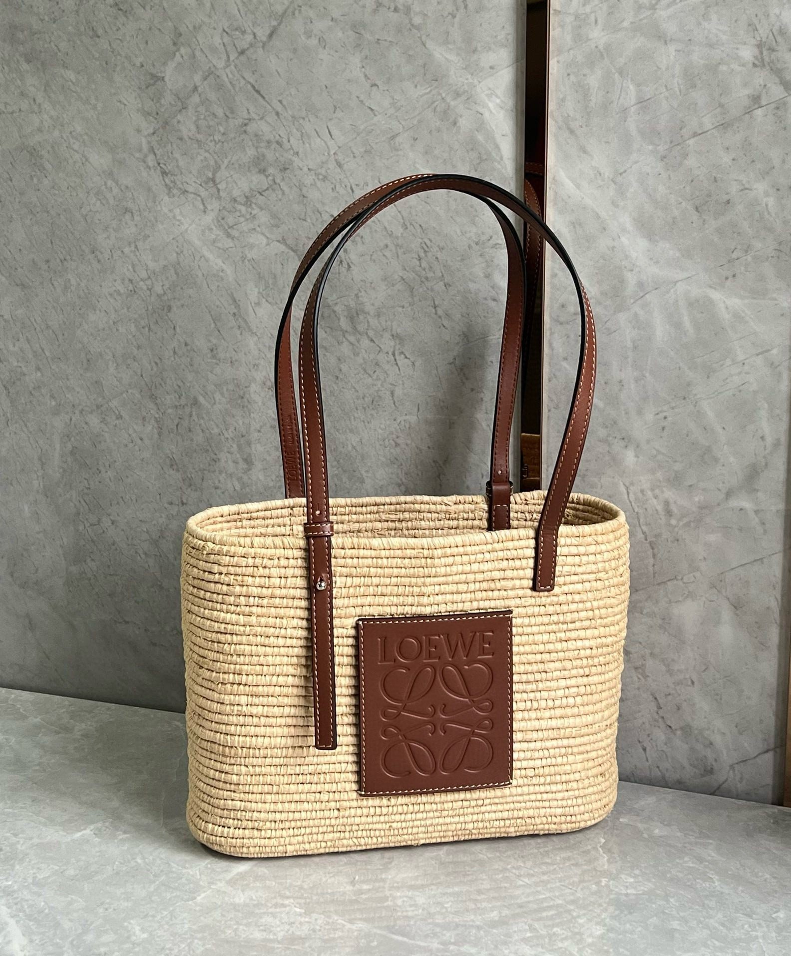 Loewe Small Square Basket Bag in Raffia and Brown Calfskin