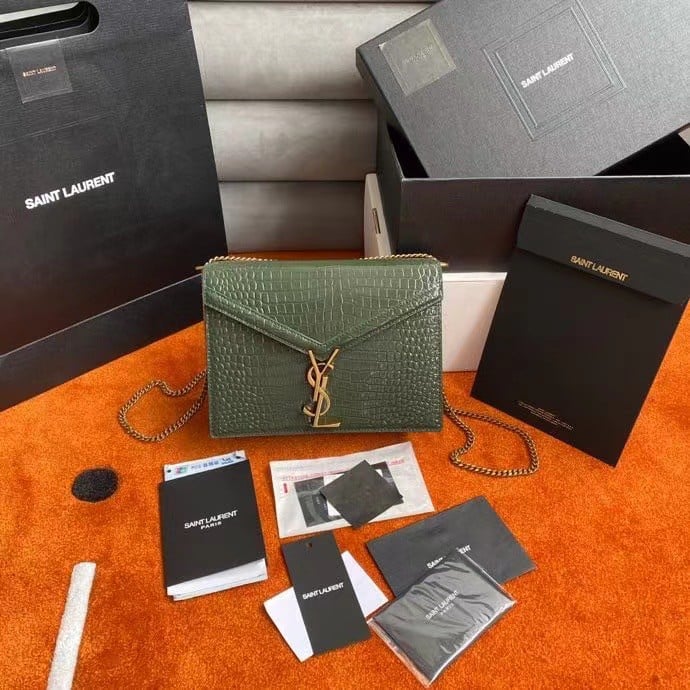 Saint Laurent Cassandra Medium Bag In Green Crocodile Embossed Leather