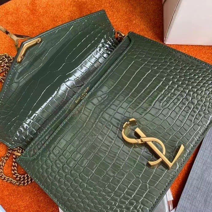 Saint Laurent Cassandra Medium Bag In Green Crocodile Embossed Leather