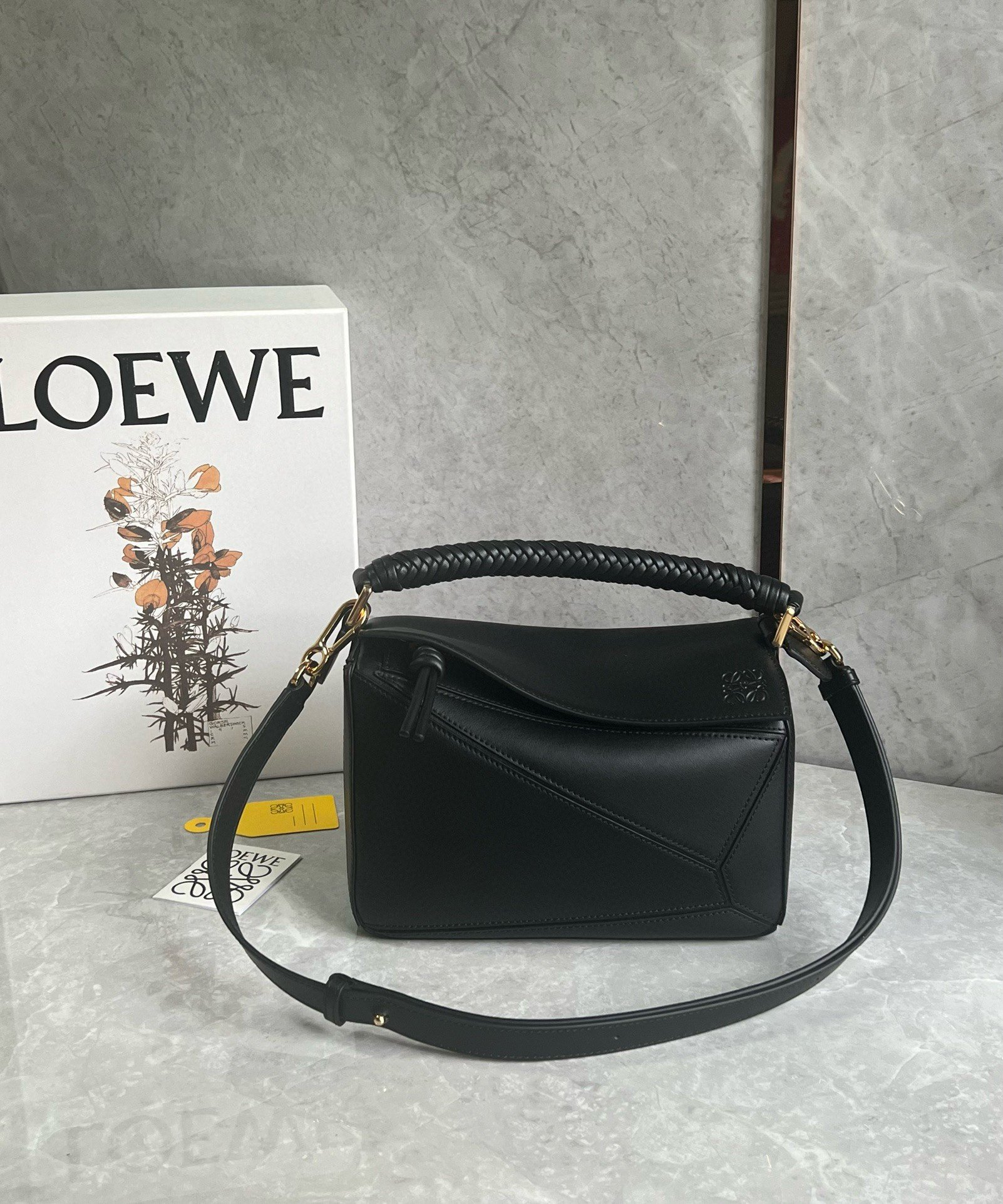 Loewe Puzzle Small Bag in Black Calfskin with Woven Handle