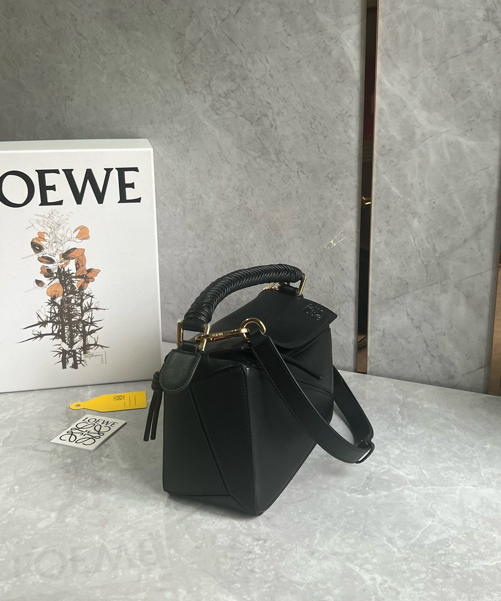 Loewe Puzzle Small Bag in Black Calfskin with Woven Handle