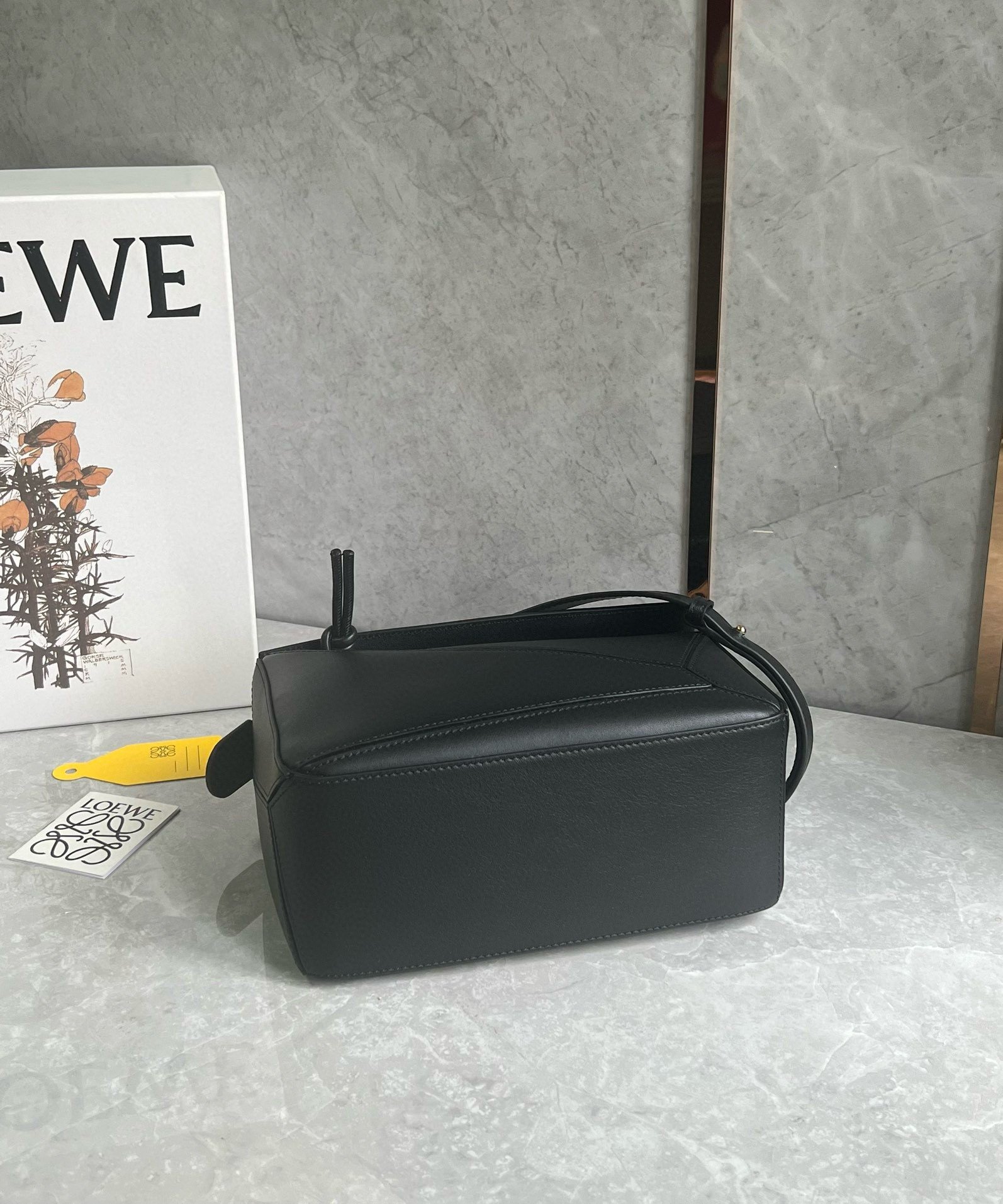 Loewe Puzzle Small Bag in Black Calfskin with Woven Handle