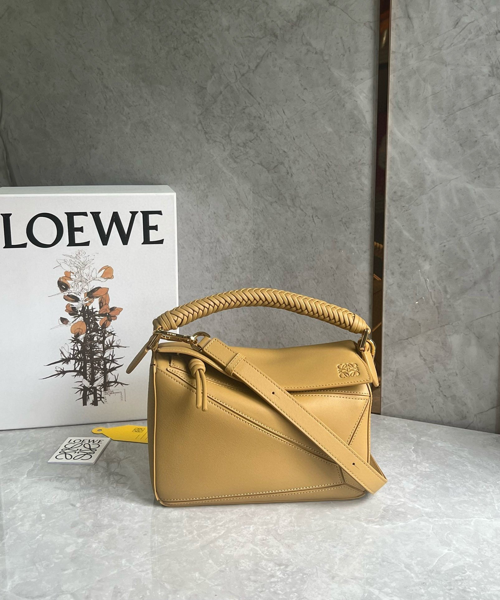 Loewe Puzzle Small Bag in Sahara Calfskin with Woven Handle