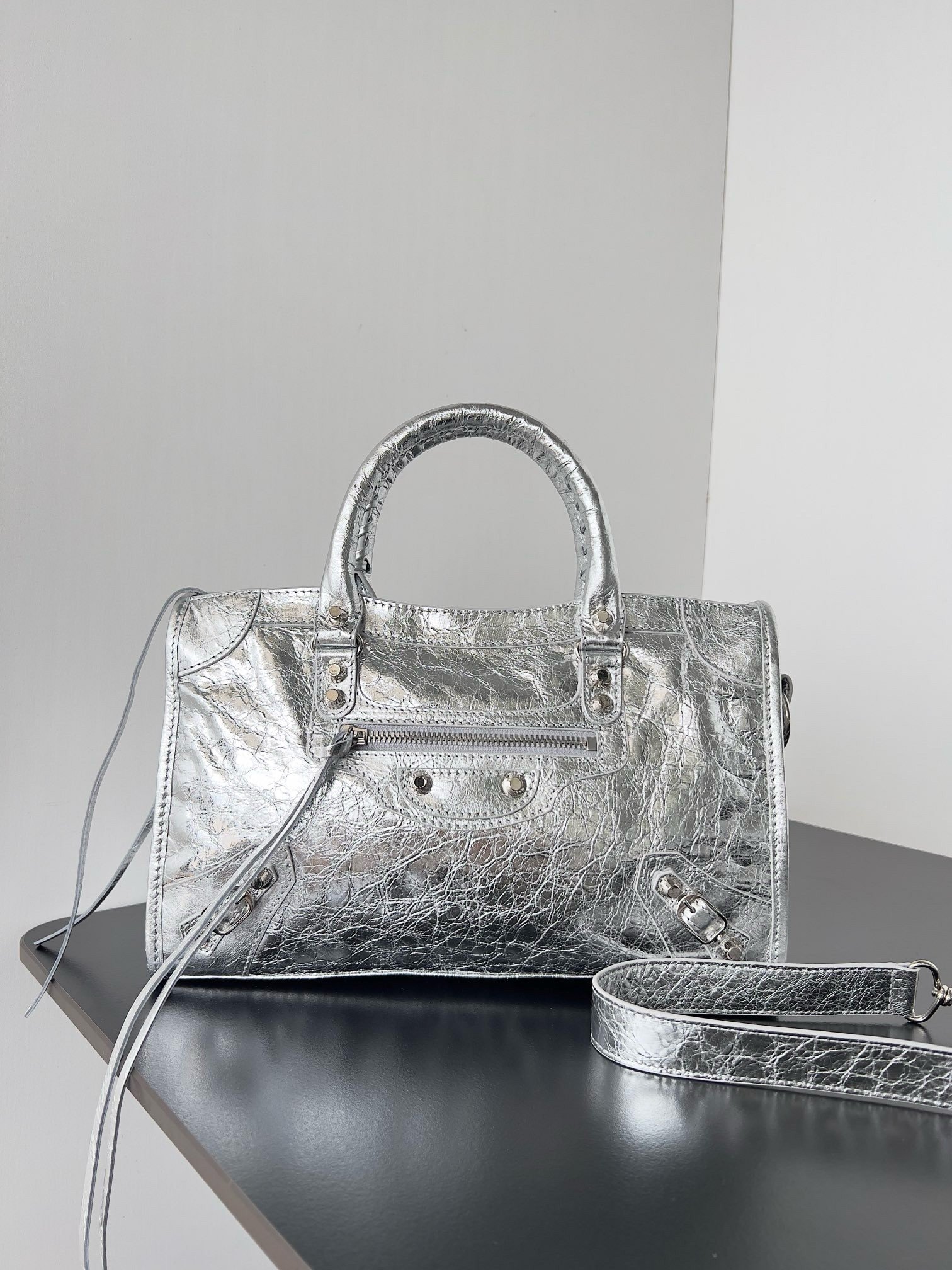 Balenciaga Le City Small Bag in Silver Metallic Lambskin