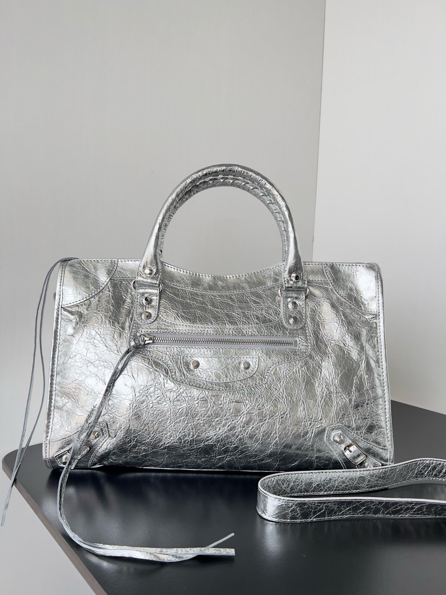 Balenciaga Le City Medium Bag in Silver Metallic Lambskin