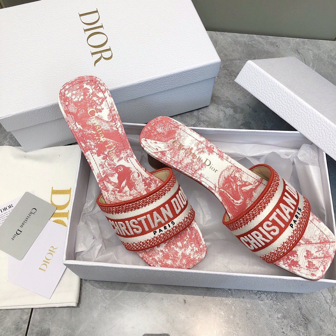 Dior Dioriviera Dway Heeled 35MM Slides in Coral Toile de Jouy Sauvage Cotton